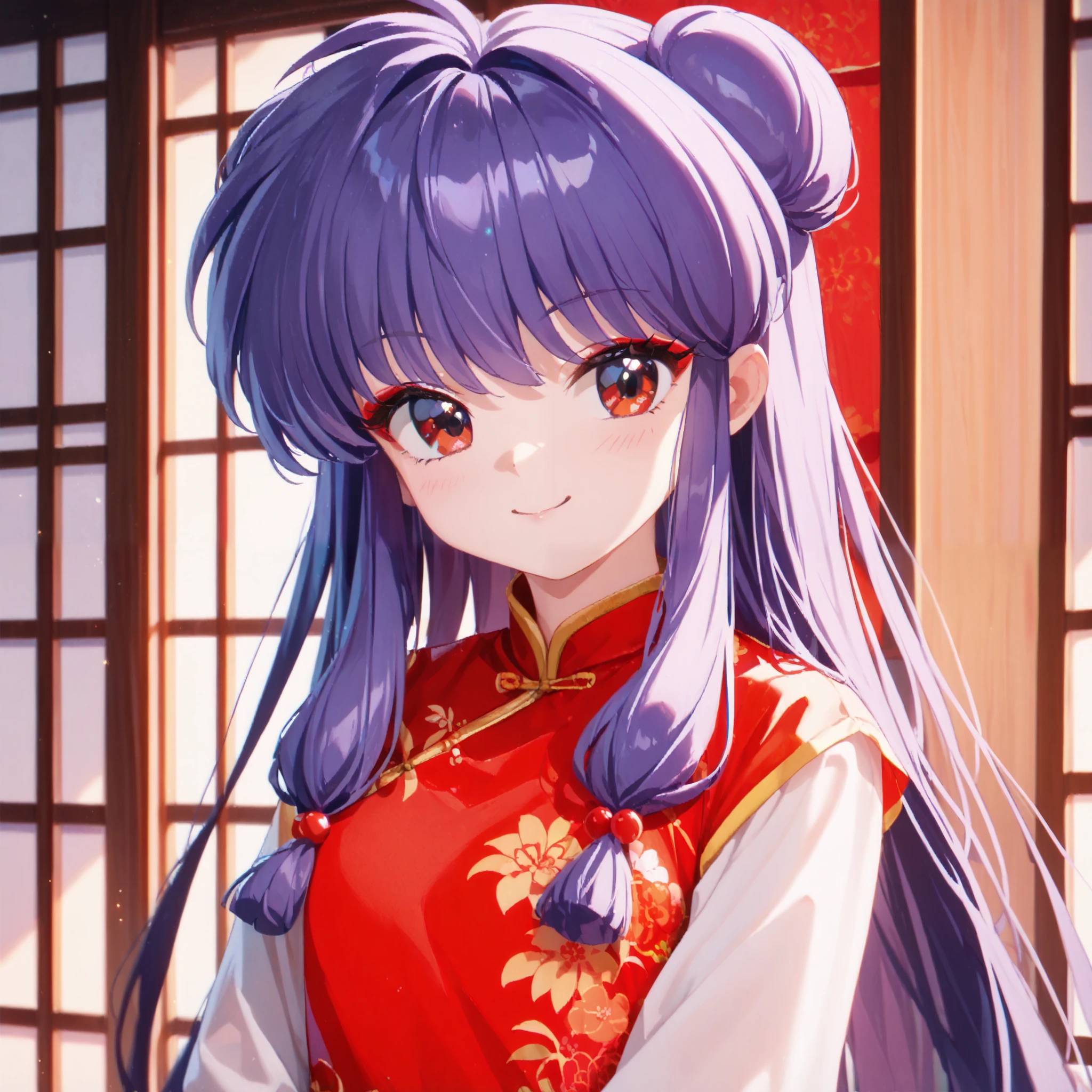 masterpiece, top quality , perfect face, Highest Resolution, 8k, 1 Girl, young, shampoo (Ranma 1/2), young, red eyes, long hair, purple hair, Detailed depiction of bun knot hair , Red eyeshadow, china dress, I love you, A face in love, affectionate face, enchanted smile