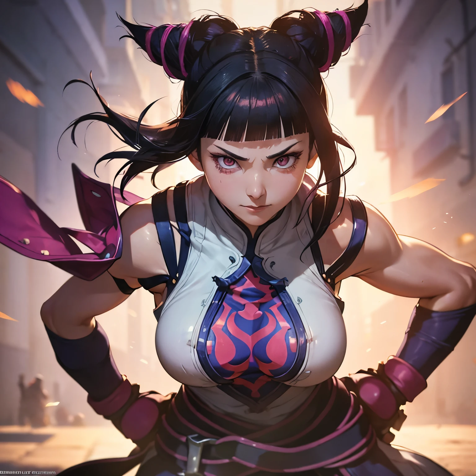 estilo cartoon, menina de pele branca, cabelos cacheados marrons, with full blue ninja armor, sem decote, wearing blue ninja mask, black pants and long blue knee-high boots, holding fan made of blades, in fighting position, with a dark pink shadow in the background of a fire dragon