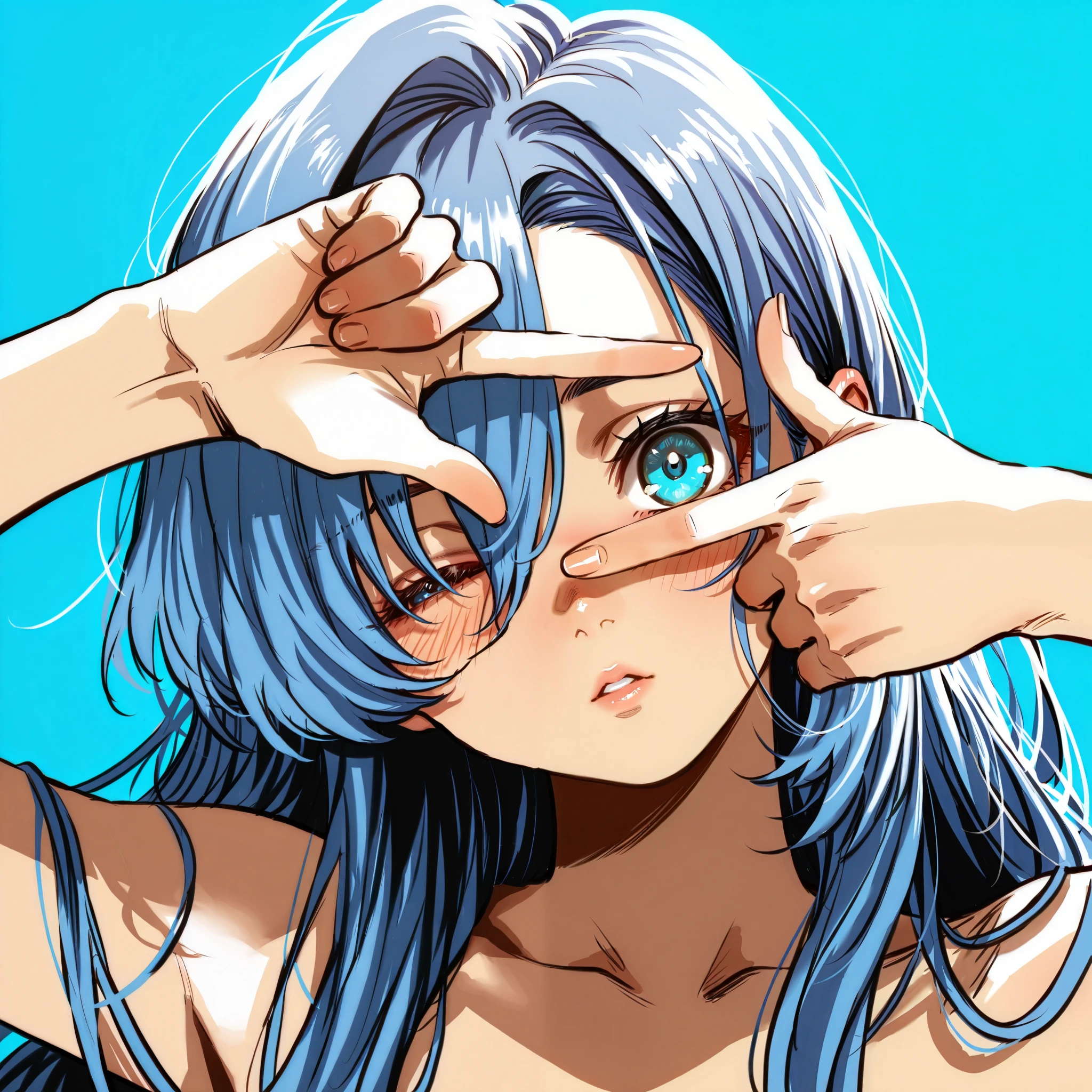 by Hoshi San 3, by Kotteri, (by umikochannart:0.5), limited palette, sketch, 1girl, young girl, finger frame, looking through fingers, blue hair, very long hair, blue eyes, one eye closed, nudity, blush, cute, head tilt, looking at viewer, fourth wall, portrait, fisheye, indigo blue background, simple background, masterpiece, best quality, amazing quality, very aesthetic, high resolution