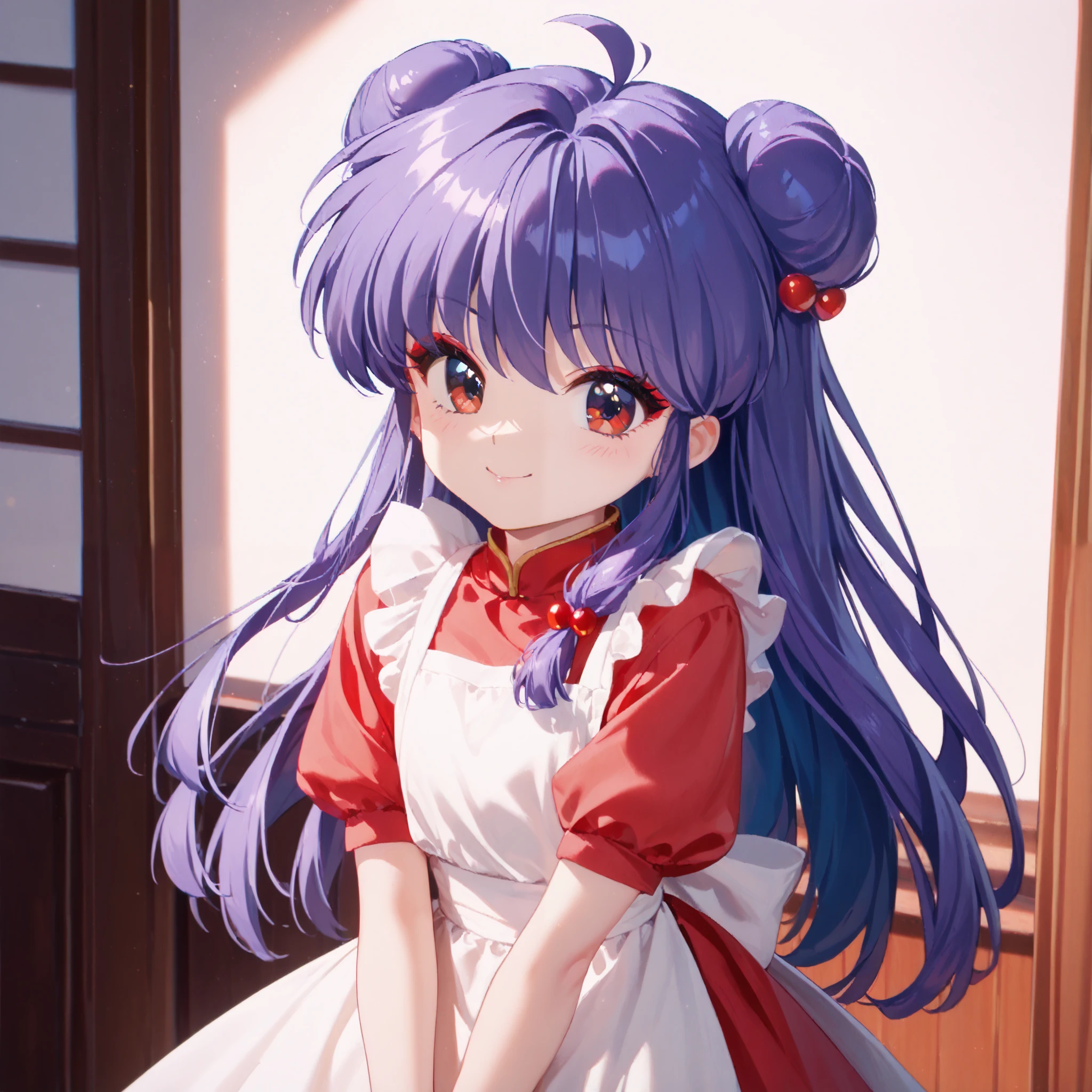 masterpiece, top quality , perfect face, Highest Resolution, 8k, 1 Girl, young, shampoo (Ranma 1/2), young, red eyes, long hair, purple hair, Detailed depiction of bun knot hair , Red eyeshadow, apron dress, I love you, A face in love, affectionate face, enchanted smile