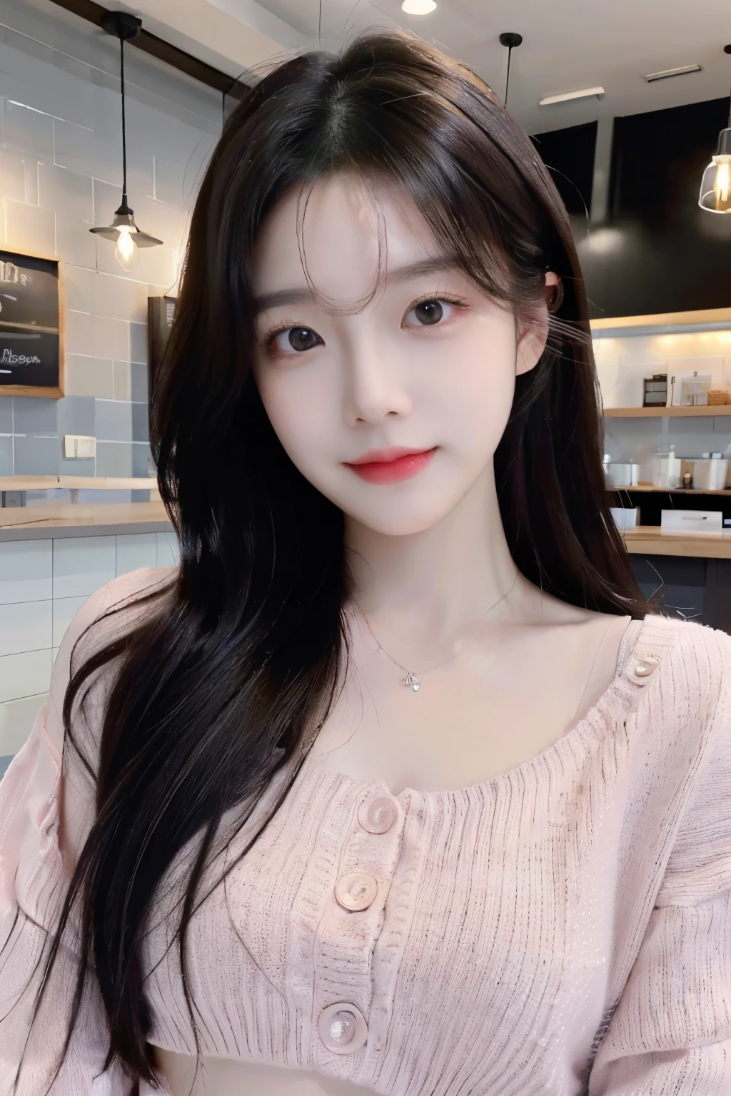((Masterpiece, high resolution, ultra detailed, 8k, raw photo)), 1 girl, graceful, soft skin, delicate face, perfect face, perfect eyes, brown hair, long hair, pink sweater crop top, pale skin, random pose, in the coffee shop, (smile: 0.8)