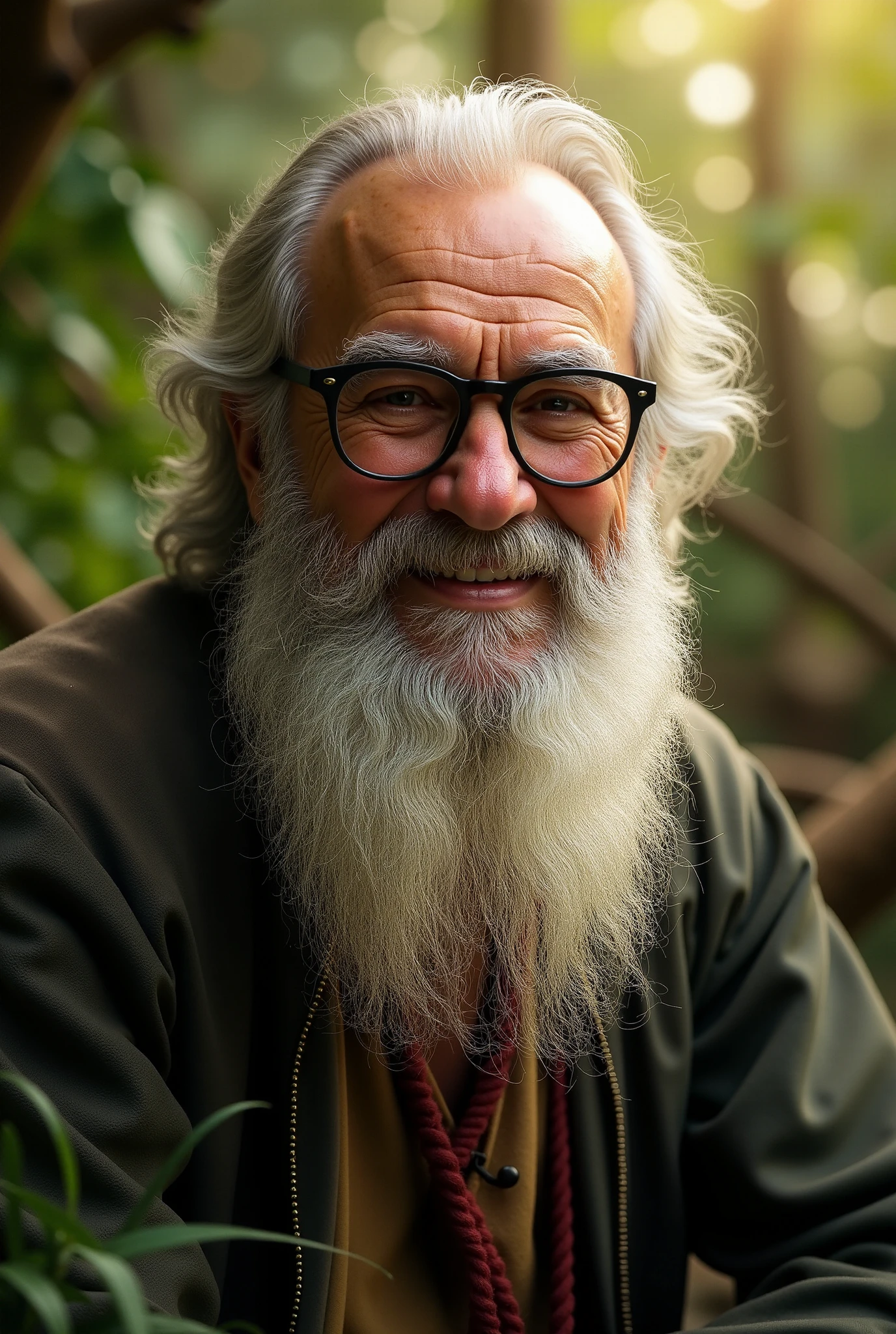 Old man with long beard and glasses outside smiling portrait 