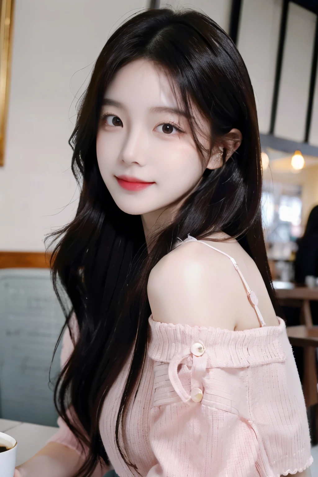 ((Masterpiece, high resolution, ultra detailed, 8k, raw photo)), 1 girl, graceful, soft skin, delicate face, perfect face, perfect eyes, brown hair, long hair, pink sweater crop top, pale skin, random pose, in the coffee shop, (smile: 0.8) 
