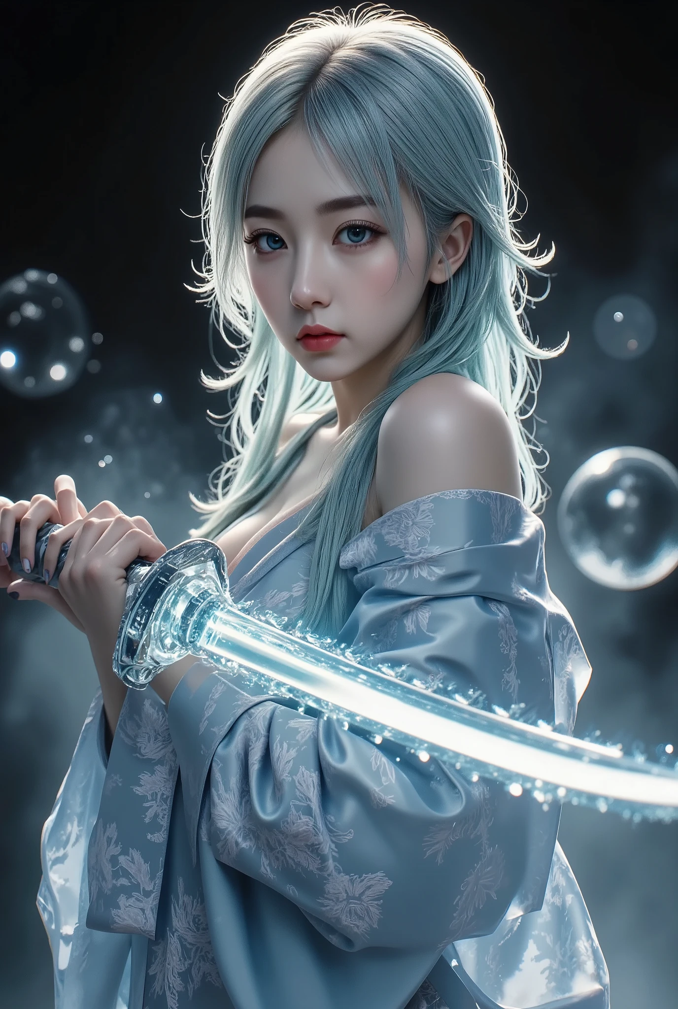 A beautiful Japanese sword in the style of a lightsaber、I'm wearing a blue kimono with a beautiful pattern a stunning detailed illustration of a female water goddess holding a translucent sword, beautiful detailed eyes, beautiful detailed lips, extremely detailed face, long eyelashes, flowing dress, elegant pose, serene expression, mystical water temple background, glowing magical aura, fantasy landscape, dramatic lighting, muted color palette, cinematic composition, (best quality,4K,8k, highres,masterpiece:1.2),ultra-detailed,(realistic,photorealistic,photo-realistic:1.37),Digital Art,concept art, fantasy art