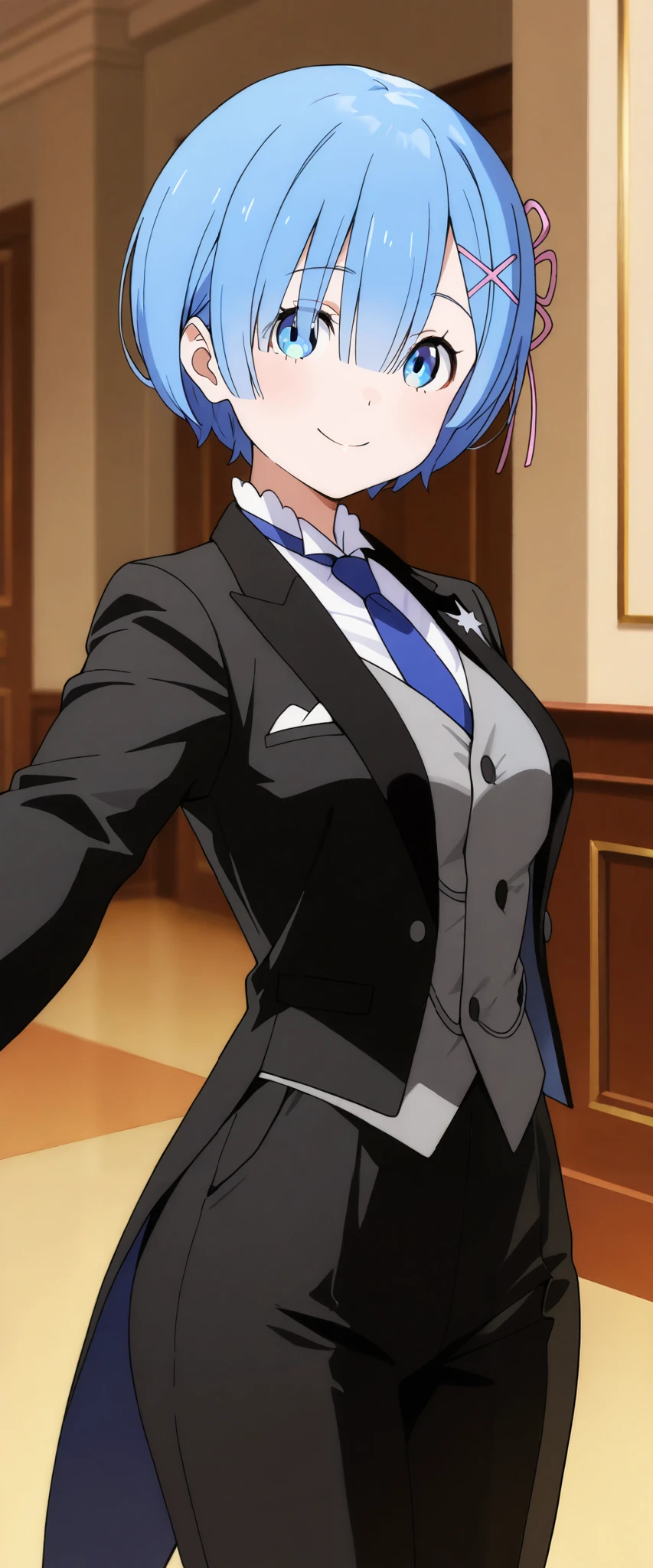 1girl, solo, rem, suit tuxedo , blue hair, short hair, bangs, in front, indoors, standing,happy,smile,looking at viewer, cowboy shot, blue tie woman in formal attractive suit tuxedo tailcoat standing in a large alcove in the room, , reaching towards viewer , 