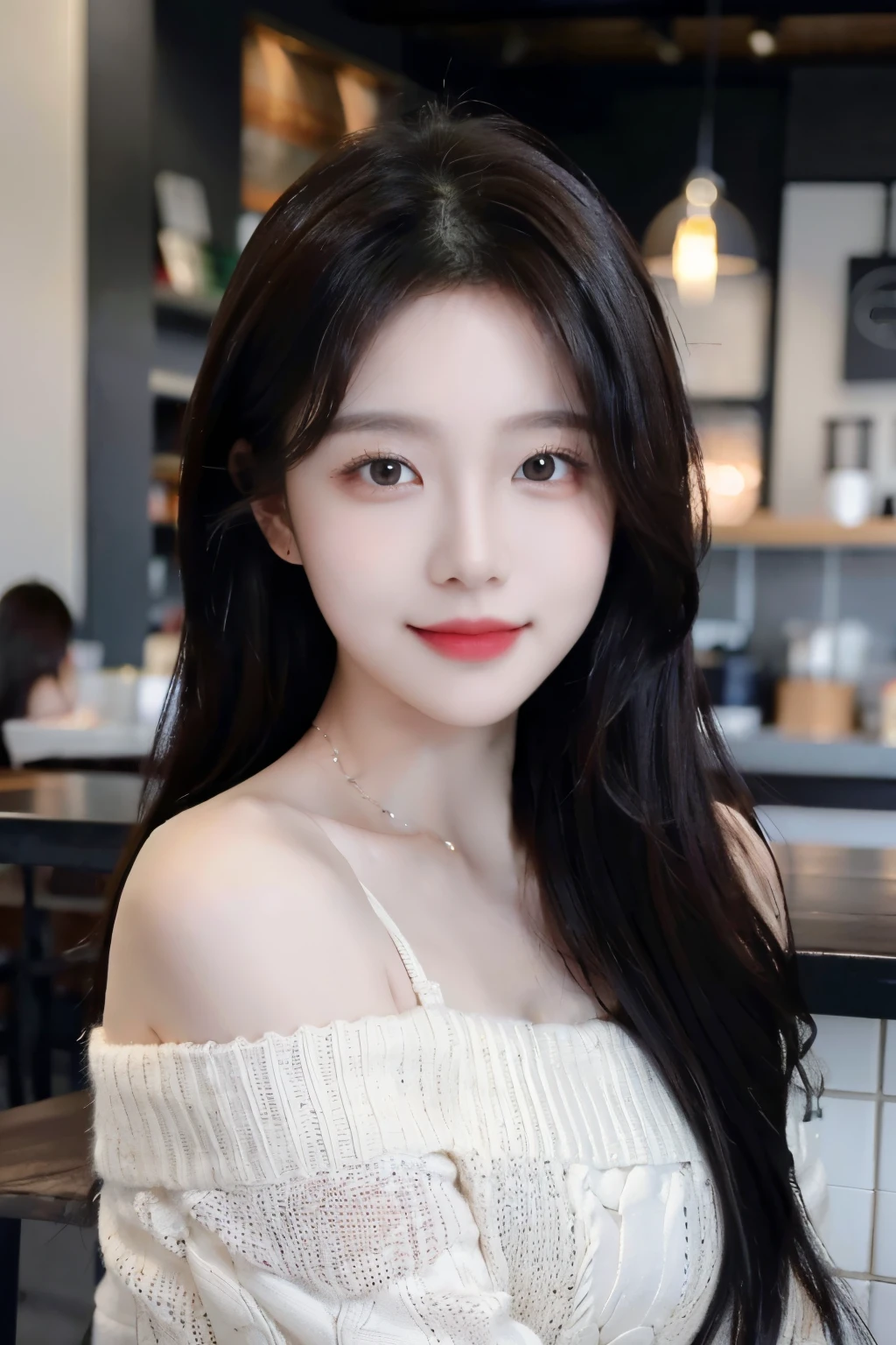 ((Masterpiece: 1.3, high resolution, ultra detailed, 8k, raw photo)), 1 girl, graceful, soft skin, delicate face, perfect face, perfect eyes, brown hair, long hair, sweater, off shoulder, pale skin, random pose, in the coffee shop, (smile: 0.8)