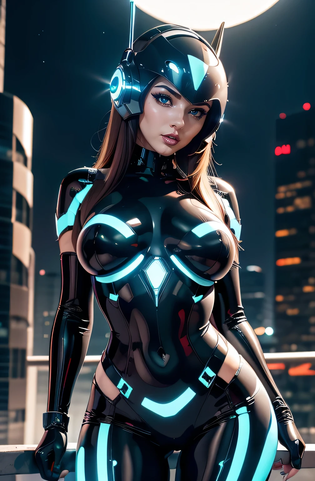 (nsfw:0.8) a woman in futuristic transparent mini dress is posing in front of a neon light, in the style of realistic hyper-detailed rendering, white and cyan, greeble, timeless grace, evgeni gordiets, blink-and-you-miss-it detail, otherworldly beings 