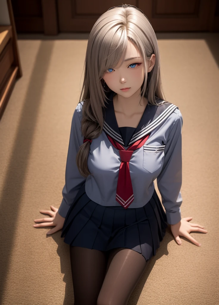 masutepiece,Best Quality,超A high resolution, 8K,Professional Lighting, Photon mapping, Teleportion, analogue, handdraw, Anime Face, NSFW, 1 girl in, Solo、 High school students, (seminude:1.2), School uniform, White socks,  ((Spread legs)), laying on top of bed, (flat chest:1.2)、NSFW:1.4、no panty:1.8、((knees up))