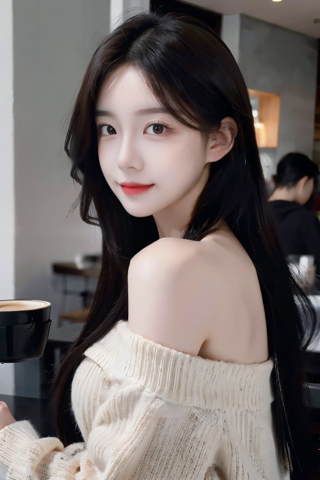 ((Masterpiece, high resolution, ultra detailed, 8k, raw photo)), 1 girl, graceful, soft skin, delicate face, perfect face, perfect eyes, brown hair, long hair, sweater, off shoulder, pale skin, random pose, in the coffee shop, (smile: 0.8)