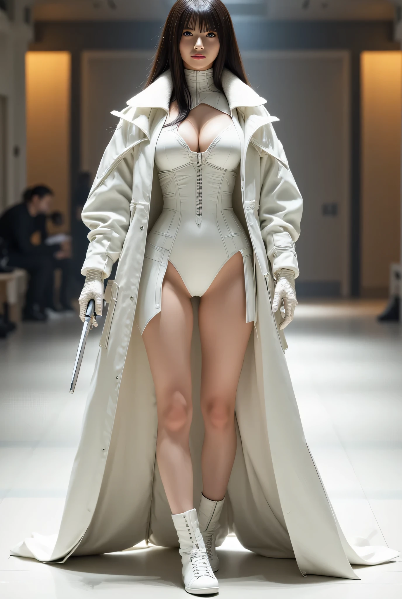 (((The dark interior of the Nostromo ship :2.0))),((( HR Giger style cyberpunk atmosphere:2.0))),(((Hold the matchlock of the future :2.0))), standing,((whole body:2.0)), one woman ,( cute face),(Beautiful well-balanced face ),( natural big breasted :1.5),( black hair:1.5),( beautiful eyes:1.3), glamorous shot of a 20-year-old Japanese woman , Slender Beautiful Body ,( model body type:1.3),(Slim body:1.3), perfect body line, Ideal Proportions ,( big breasts:1.5),Bare thighs,Voluptuous thighs, delicate body,( Shrimp:1.7),A harmonious posture,(Realistic breast depiction :1.7), carefully depict limbs based on perfect anatomy with deep depth of field,((Futuristic samurai style white super high leg leotard :1.5)),((Fitted camy-like latex white ultra-high leg leotard:1.5)),((A white samurai armor-style military coat with an open front over a leotard:1.5)),(ear monitor:1.5),((Tactical Holster:1.5)),( gloves:1.3), concept art ,( best quality:1.5),(masterpiece:1.5),(Super high resolution),resolution,UHD,( Delicate Depiction), carefully drawn with butterfly wings ,32K,(( realistic skin texture:1.5)),((( Ultra-realistic :1.5))),Draw eyelashes carefully, very detailed face,Highly detailed female hand,Sexy appearance,Very sensual,(Blurry Dim Backgrounds :1.5), chicken,( Movie Lighting:2.0),(( Blade Runner Style Lights :2.0))