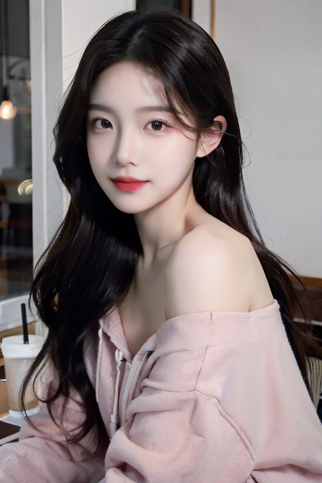((Masterpiece, high resolution, ultra detailed, 8k, raw photo)), 1 girl, graceful, soft skin, delicate face, perfect face, perfect eyes, brown hair, long hair, pink hoodie, off shoulder, pale skin, random pose, in the coffee shop, (smile: 0.8)