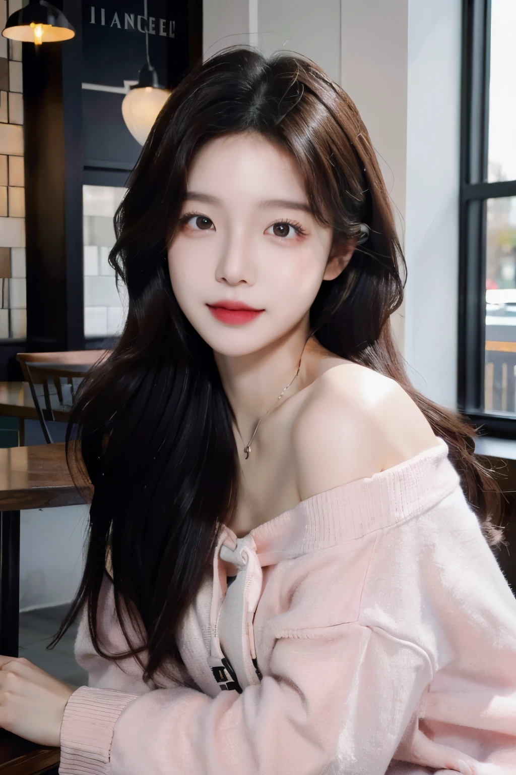 ((Masterpiece, high resolution, ultra detailed, 8k, raw photo)), 1 girl, graceful, soft skin, delicate face, perfect face, perfect eyes, brown hair, long hair, pink hoodie, off shoulder, pale skin, random pose, in the coffee shop, (smile: 0.8)