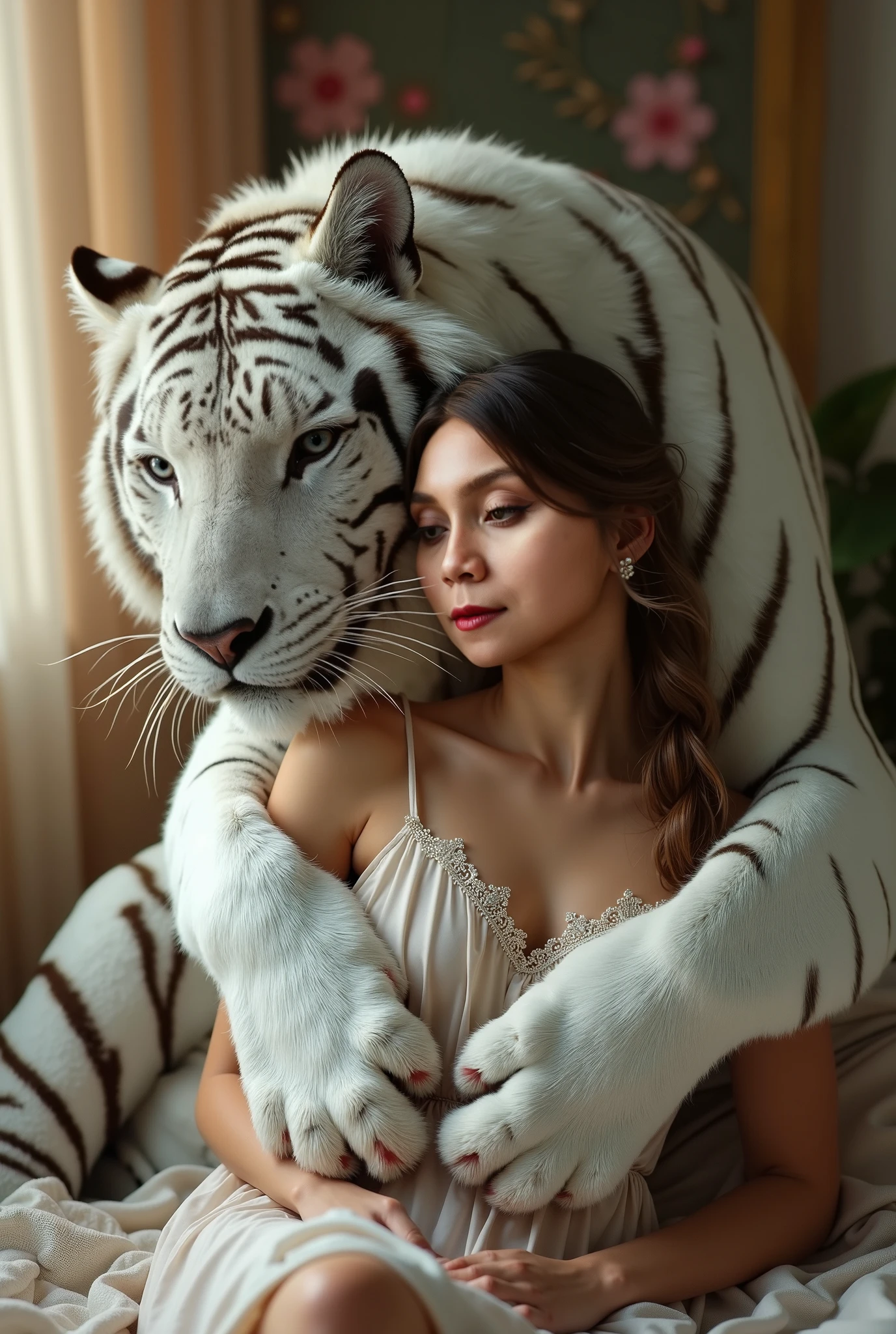 A woman in a woman's room is sitting and a white tiger comes to meghampirya hugs her lady from behind and kisses the woman