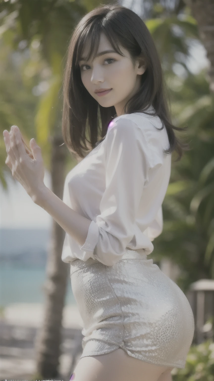 The sea shining in the morning sun , (Sexy white blouse and tight skirt: 1.2), Tropical islands, Palm trees,straight hair,Longhaire, Dark blue eyes, 1 girl, 25 years old, (Intricate details: 1.2), (Detailed eyes), long upturned eyes,(A detailed face), Smile,fine-textured skin、flushed cheeks,Medium chest,slender body shape, tight waist,small beautiful ass , thin and long legs, beautiful feet,between the legs.beautiful hands,thin butt,thin shoulders,Look at viewers,dynamicposes,