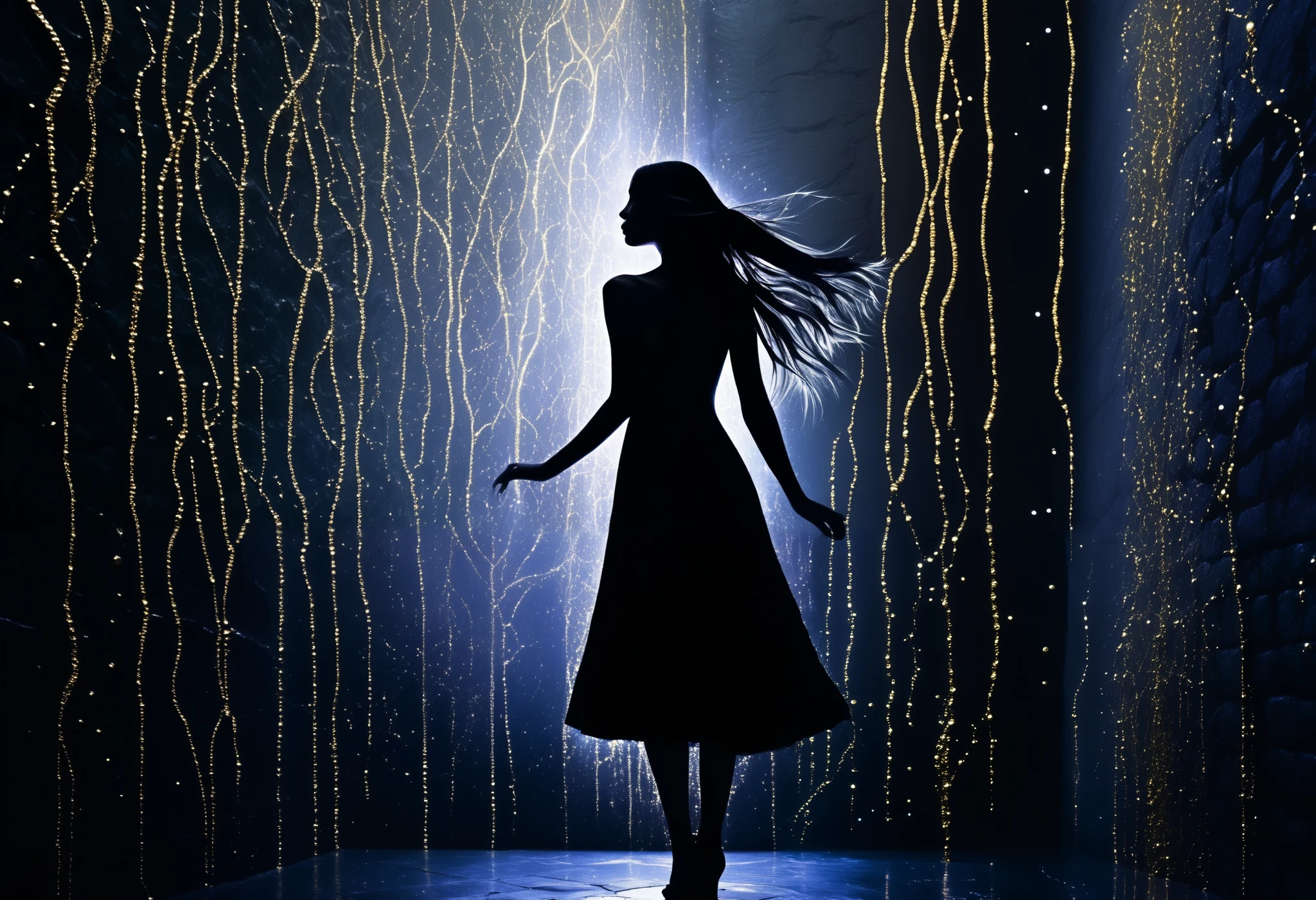 A black stone wall , marked by fine cracks , lets out delicate drops of liquid gold that seep all over its surface. The cracks , intricate like a map , converge at a single point where the girl has her hands down , as if they were the origin or the destination of that golden net . Standing in front of the wall , The totally naked young woman turns her back on us. Her long, straight hair , almost white, falls softly on her figure , standing out against her smooth gray skin . His hand, stained with the gold that flows from the cracks, rest at the point where they all intersect , as if it were holding the latent heart of the stone . Fireflies float around , casting flashes of bluish light that dance on the wall and the figure , intensifying the serene and charged atmosphere of Mystery .