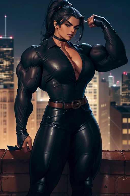 8k, best quality, beautiful muscular adult woman, Juggernaut helmet with angular eyeholes cut out, biker, very muscular, very tall, large breasts, Juggernaut body frame, broad shoulders, lusty expression, antagonistic grin, athletic, fit, pale white skin, 8 feet tall, muscular thighs, shredded waist, glowing green eyes, beautiful, strong, TALL, hdr, tight black slacks, tight black tee, mid-length black leather vest, black goth eyeliner, long hair, green eyes, matte black lipstick, outside, sunny day, emerging from a destroyed building