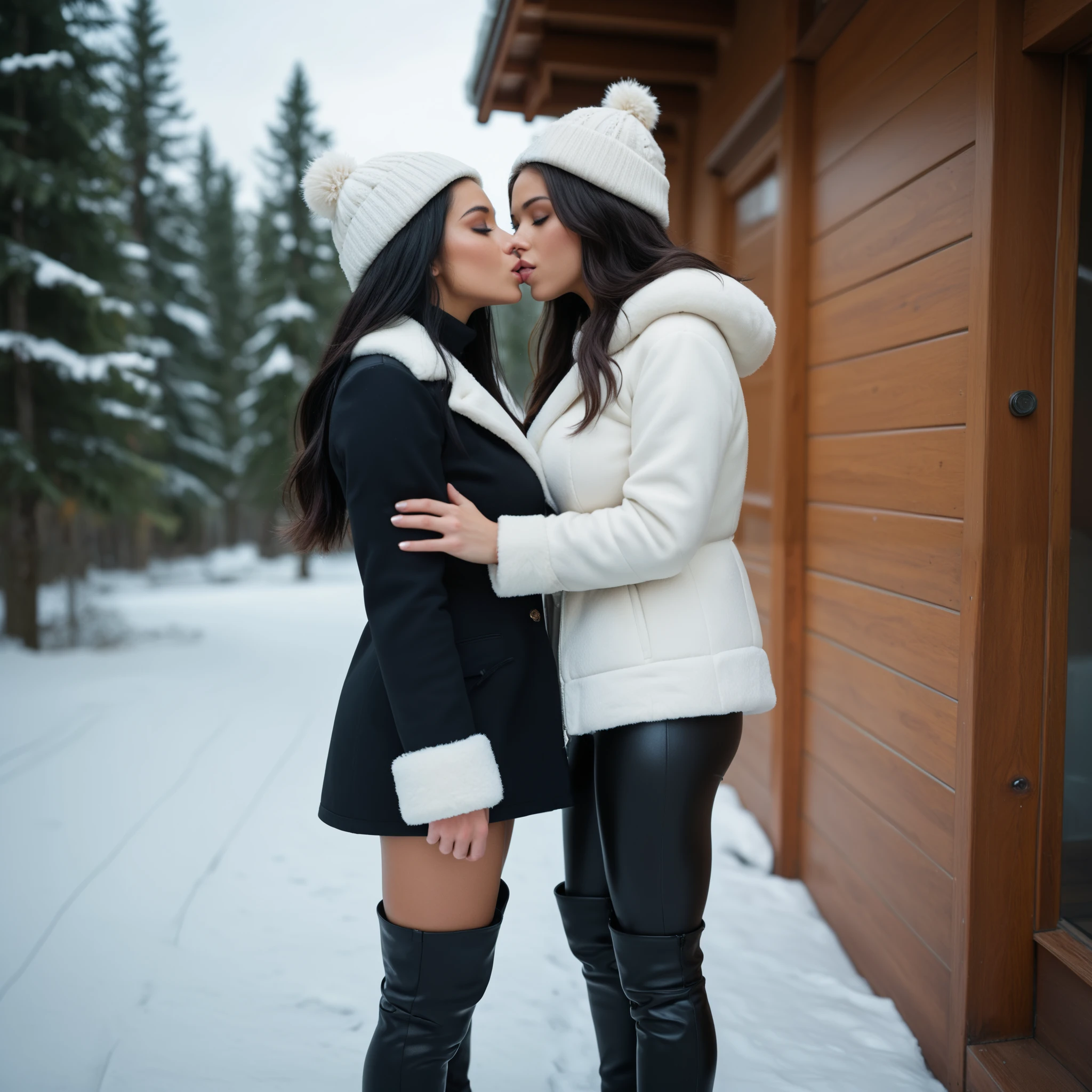 2 beautiful women, wearing ((navy blue silk puffer coats, fur hoods)),  (((((kiss))))),  seductive, large breasts, cute,
