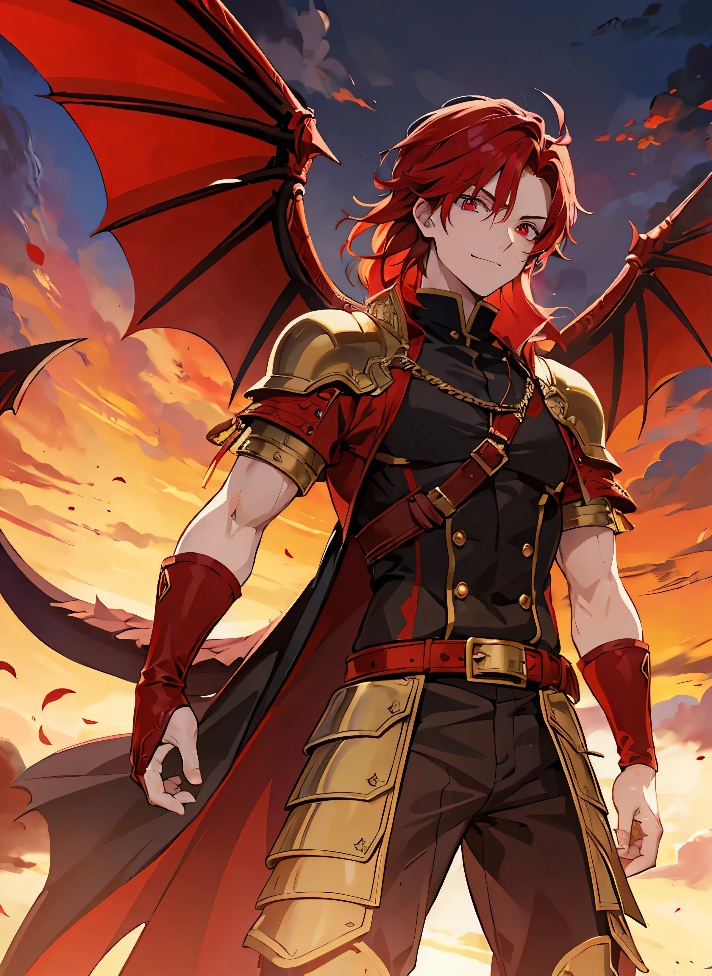 1boy, manga cover, detailed, fierce msucular warrior with crimson armor and flaming sword, abs, biceps, giant black wings, standing against a backdrop of blazing inferno, 8k