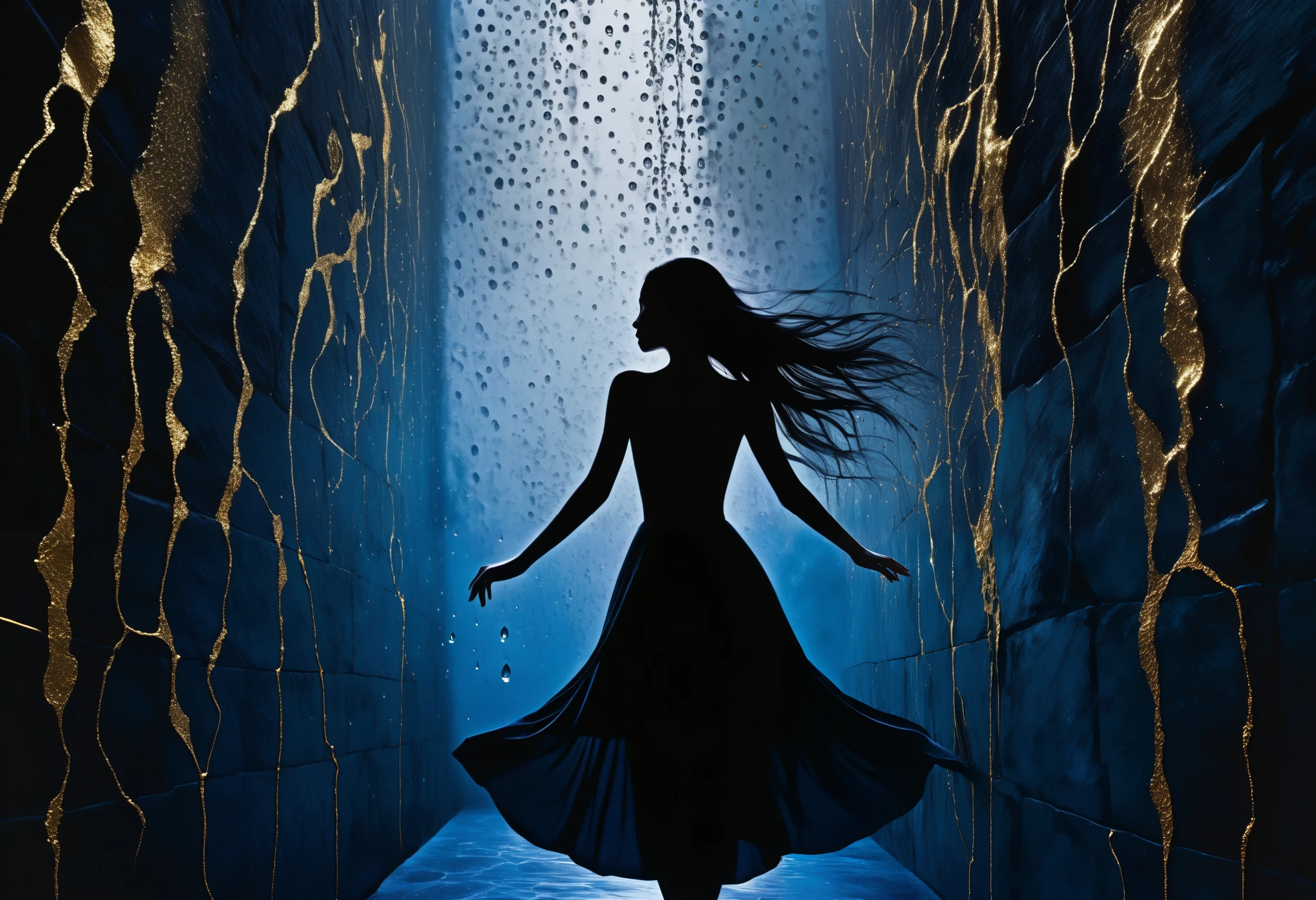 A black stone wall , marked by fine cracks , lets out delicate drops of liquid gold that seep all over its surface. The cracks , intricate like a map , converge at a single point where the girl has her hands down , as if they were the origin or the destination of that golden net . Standing in front of the wall , The totally naked young woman turns her back on us. Her long, straight hair , almost white, falls softly on her figure , standing out against her smooth gray skin . His hand, stained with the gold that flows from the cracks, rest at the point where they all intersect , as if it were holding the latent heart of the stone . Fireflies float around , casting flashes of bluish light that dance on the wall and the figure , intensifying the serene and charged atmosphere of Mystery .
