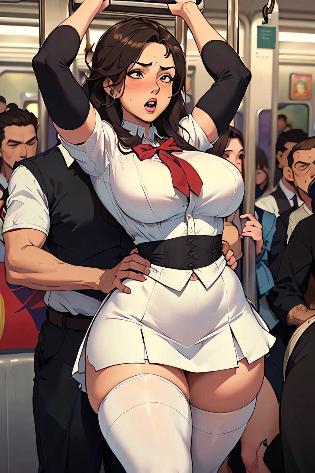 (SFW), ((photorealistic)), (masterpiece), (best quality:1.3), absurdness, [:intricate details1.3], SFW, realistic, masterpiece, (((VERY crowded subway train interior detailed scenario, VERY crowded subway train interior detailed background))), standing insanely hot (young small girl1) using sexy ((skirt)), ((behind skirt lifted)), ((3/4 white stockings)), ((big ass)), ((thick thighs)), ((fear/shocked expression)), (blushed face), (perfect body proportions)), old small man ass groping young small girl 1 from behind, (((old small man pressing his chest on young woman 1 back))) and (((holding her waist behind her)))