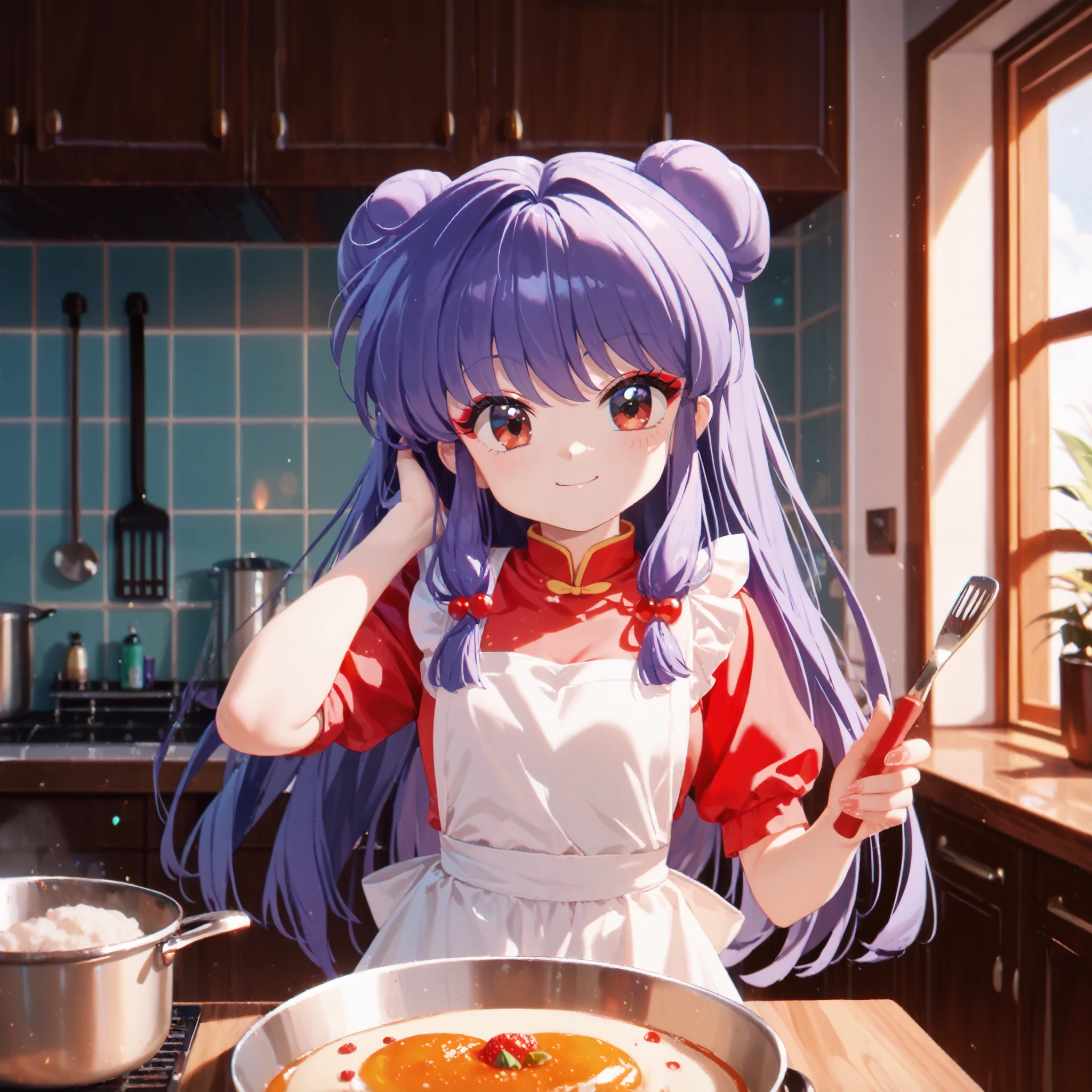 masterpiece, top quality , perfect face, Highest Resolution, 8k, 1 Girl, young, shampoo (Ranma 1/2), young, red eyes, long hair, purple hair, Detailed depiction of bun knot hair , Red eyeshadow, apron dress, Cooking, I love you, A face in love, affectionate face, enchanted smile
