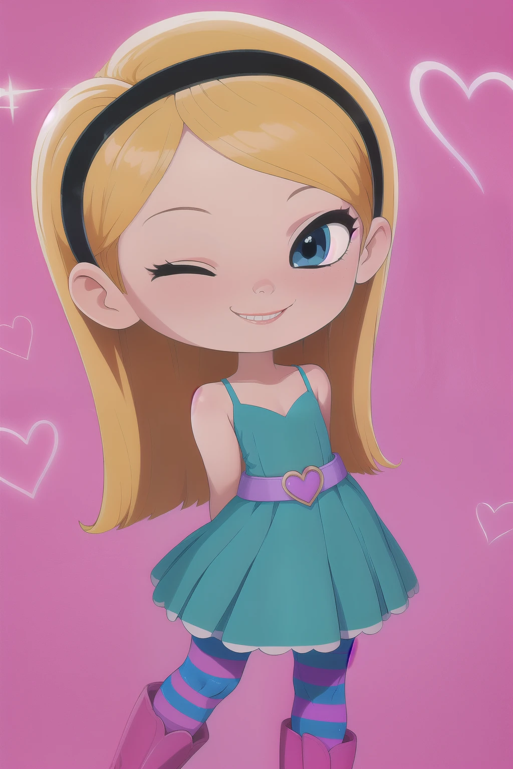 1girl, solo, penny peterson, long hair, blue eyes, 3d, blonde hair, skirt, pleated skirt, hairband, black hairband, dress, teal dress, white trimmings under her skirt, lavender belt, blue and pink striped pantyhose, pink boots, pink bracelet, beautiful, cute girl, closed mouth, cute smile, one eye closed, arms behind back, happy, looking at viewer, pink background, hearts, sparkles,
(insanely detailed, beautiful detailed face, masterpiece, best quality) cinematic lighting,
