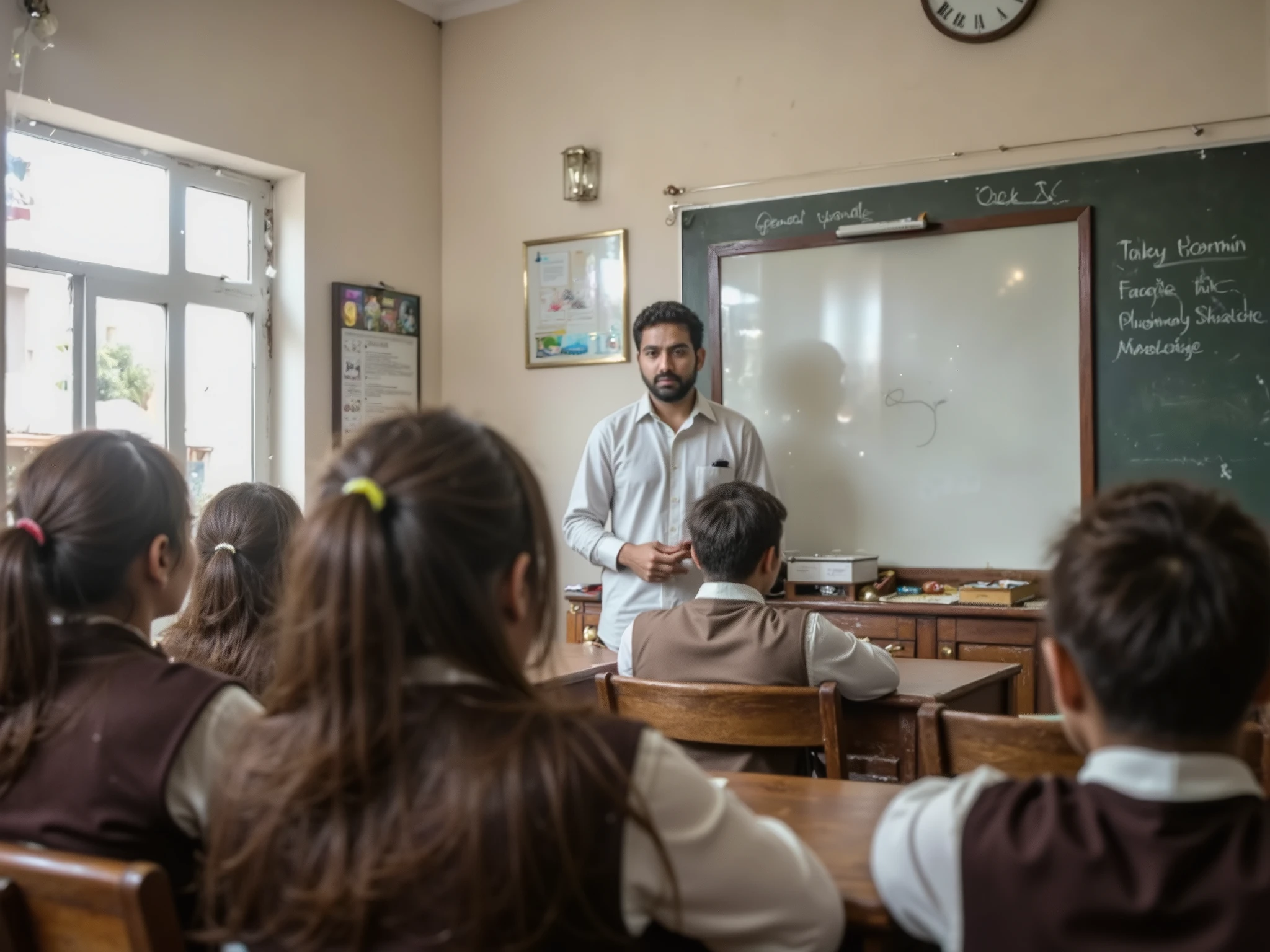 A high-resolution, photorealistic image of a Pakistani classroom. The teacher, dressed in formal attire, is standing near the whiteboard, gesturing while speaking to an unseen individual seated at the back of the class (POV). The teacher's gaze is focused toward the POV, creating an engaging and realistic interaction. Students in neatly arranged desks, dressed in traditional school uniforms, are glancing in the same direction as the teacher, toward the POV. The classroom is modestly decorated with educational posters, a wooden teacher’s desk, and books. The atmosphere feels natural and slightly tense, accurately depicting an academic interaction. [(POV-focused, realistic, photorealistic, culturally authentic classroom setting, best quality, immersive detail)].