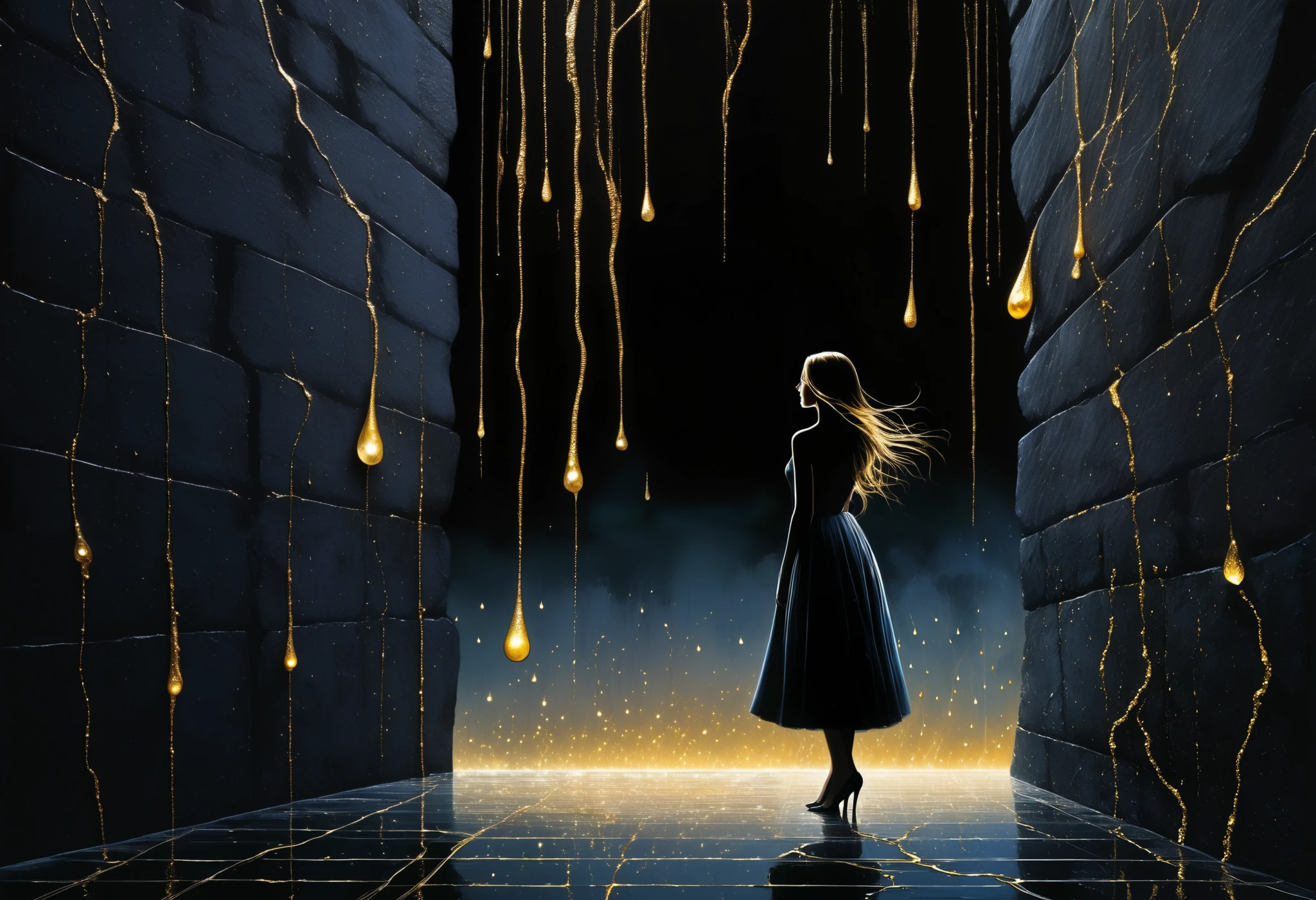 A black stone wall , marked by fine cracks , lets out delicate drops of liquid gold that seep all over its surface. The cracks , intricate like a map , converge at a single point where the girl has her hands down , as if they were the origin or the destination of that golden net . Standing in front of the wall , The totally naked young woman turns her back on us. Her long, straight hair , almost white, falls softly on her figure , standing out against her smooth gray skin . His hand, stained with the gold that flows from the cracks, rest at the point where they all intersect , as if it were holding the latent heart of the stone . Fireflies float around , casting flashes of bluish light that dance on the wall and the figure , intensifying the serene and charged atmosphere of Mystery .