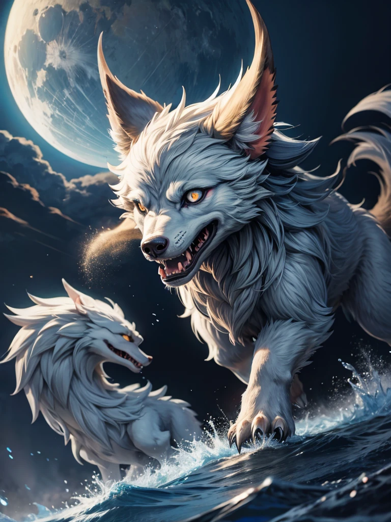 wolf, eye reflection, high quality, highres, best quality, masterpiece, water, splashing, water drop, evil