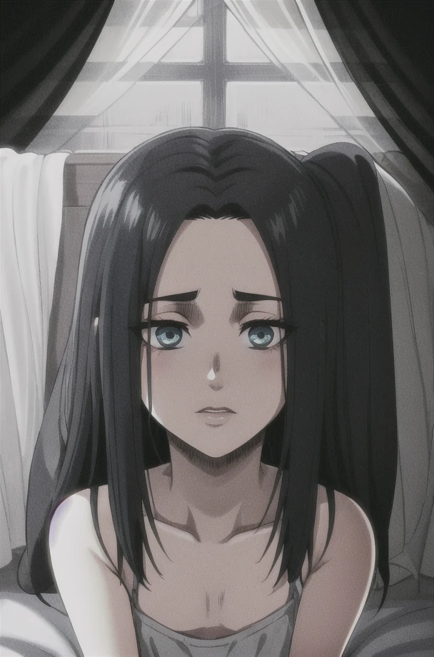 Long dark bluish hair with long bangs completely covering one side of the face and ears, yellow eyes with a black dot in the middle, large fleshy lips, large forehead, thin eyebrows, big nose, light eyes with tired look, ninja Naruto art style, hair tied by two sticks, round chin, wide pointed nose, sad look.