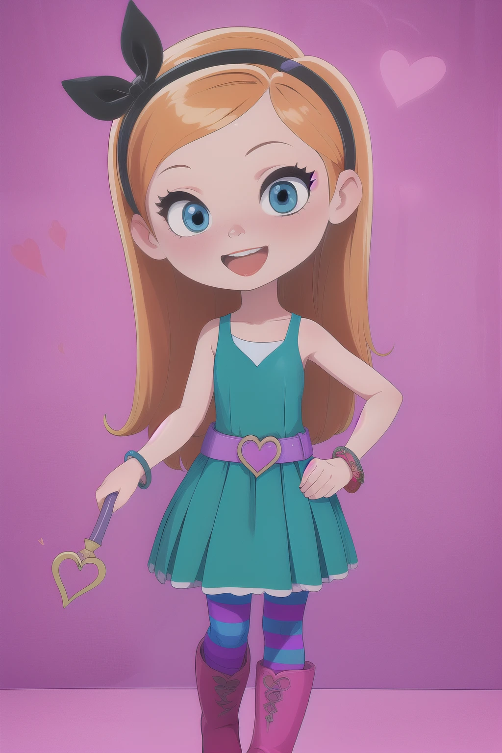 1girl, full body, solo, penny peterson, long hair, blue eyes, 3d, blonde hair, skirt, pleated skirt, hairband, black hairband, dress, teal dress, white trimmings under her skirt, heart shaped lavender belt, blue and pink striped pantyhose, pink boots with star shapes, bracelet, beautiful, cute girl, open mouth, heroic expression, smile. holding the heart wand, standing, spread legs, defending,
(insanely detailed, beautiful detailed face, masterpiece, best quality) cinematic lighting,