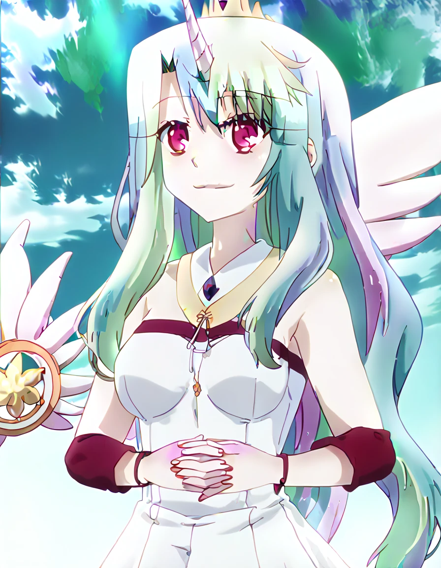 great quality ++ Extremely detailed high resolutionolution, very aesthetic, expressive eyes, (((perfect face))), (((face symmetrical))), ((good anatomy)), (((perfect hands))), (((8k))), UHD, HD wallpaper, (((detailed high cal, (((((1girl)))))), only, masterpiece, The best quality, high resolution, Highly detailed, (illustration), beautiful detailed eyes, (((combatant))), (((1girl))), ((((fulll body)))), (((((((Illyasviel von Einzbern)))))), (((((princess celestia)))), ((((human form)))), (((((smile))))), ((humanized princess celestia)), Celestia, Celestia de My Little Poni, Celestia in milf form, long wavy hair, (((red eyes))), (((strapless tube dress))), (((white dress))), (((white pony ears))), (((((wings))))), (((Detailed fingers))), Precise fingers, Not unnatural hands, strange eye, Greek columns, exterior, beautiful majestic forest, vine leaves surrounding the columns, flower bushes everywhere, clear sky, bright sunny day, ((((Multicolored Hair))), heavenly forest,
