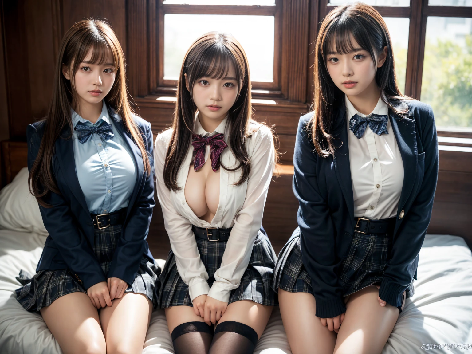 (8K, Raw photography, top-quality, masterpiece:1.2), master piece, best quality, illustration, Super detailed, fine details, High resolution, 8K,wall paper, perfect dynamic composition,(Details High quality, realistic depiction of eyes:1.3), ((2 girls, 2 schoolgirls)), The background is a luxury hotel room、High school girl uniform、blazer 、Super Short Check Uniform Skirt、Navy blue high socks、garterbelts、Colossal tits、Disturbed uniform, Play with each other,Touching each other's bodies,Touching the body of the girl next door, short bob hair, black hair color, huge breasts, Big Natural Color Lip, bold sexy pose, (perfect body shape), crying a little、cold gaze, Beautiful makeup,glitter makeup,Cutest 18 years old, beautiful legs, hposing Gravure Idol, Voluptuous thighs