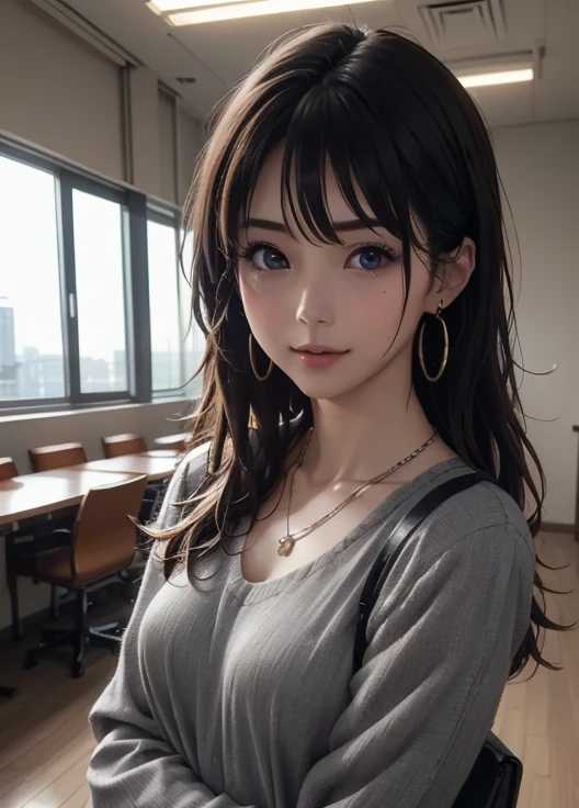 （（In the daytime，逼真光线，best qualtiy，8k，tmasterpiece：1.3）），1girl，Beautiful Chinese  student with slim figure：1.4，（brown  hair，mediuml breasts：1.3），Off-the-shoulder cut top：1.3，sofe，Super detailed face，Detailed eyes，二重まぶた，Cute students in school uniforms，generous，self-assured