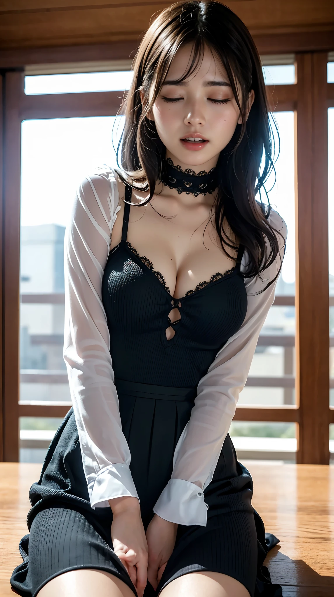 (Raw photography、top-quality)、(realisitic、Photorealsitic:1.3)、top-quality、​masterpiece、extremely delicate and beautiful、A highly detailed、nffsw、A sense of unity、2k wallpaper、magnifica、Beautiful in every detail、​masterpiece、浅笑、top-quality、Highly detailed ticker Unity 8K wallpapers、huge filesize、ultra-detailliert、hight resolution、ighly detailed、Female 1 Person、Slim body、D-cups、(Black Leotard Top:0.7)、(Pink skirt:1.2)、(Bun hair)、(brown haired)、Look at the front、Sharp Focus、Face Close-up、pureerosface_v1:0.8 Short Hair、Instagram、Viewer's Perspective、selfee
