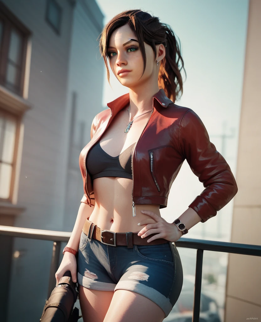 claireredfield2,blue eyes,brown hair,ponytail, necklace, red jacket, black panties,cameltoe, looking at viewer, seductive smile, blush, sitting, on sofa, spreading legs, inside apartment living room, night, soft lighting, high quality, masterpiece, <lora:claireredfield:.6>