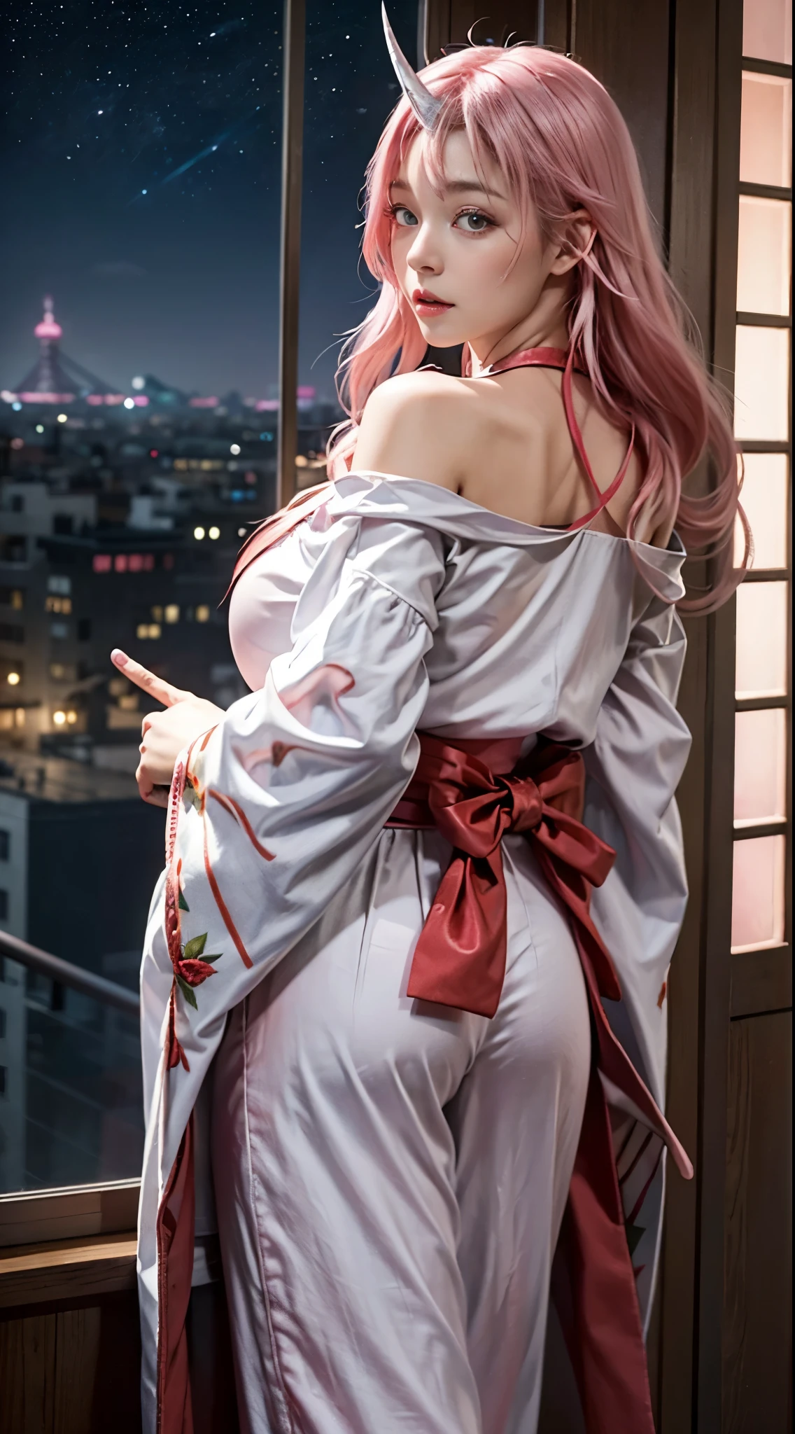 Landscape of a very beautiful 1girl, 1girl_facing out the window, (((photo from behind)))!!!, (((cowboy shot)))!!!, (((front focus))), (((background Blurry))), Bokeh, lens flare, photography with Fujifilm XT3, depth of field, film grain, female focus, BREAK, Shuna/(Tensei Shittara/), anime style, (((standing beside window_top floor of apartment)))!!!, (((metropolit city outside the window)))!!!!!, ((starry night))!!, (looked back at the audience with beautiful pink iris like rose quartz)!, Ultra detailed eyes, (Beautiful light pink pupil's eye's like rose quartz:1.40)!, Stars in her fixed eyes, (homochromatic eyes)!!!, seductive smile, long sleevemouth, (thin fresh peach lips)!, (Blush)!, Perfect nose, Cute little nose, beatiful face, Face Clean, realistic Skin, hyper realistic, Perfect eyebrow appear through pink hair, pink hair bangs, (ultra shine pink hair)!!, (((long straigh pink hair)))!!!, (((symmetrical twin oni's horn over forehead)))!!!, earrings, ((dynamic composition)), BREAK, detached sleeves, ((bare shoulders_open shoulder))!!, shoulders blade, /(((wear original costume of shuna tensei shittara)))!!!, (((White kimono_red ribbon_sailor collar_Red Bowtie)))!!!, (((long wide white bell sleeves_red ribbon)))!!!, Plump breasts, (((Plump Breast Covered with white silk)))!!!, (((red long hakama's trouser)))!!!, slim legs, seductive, vivid color clothes, detailed realistic clothes, BREAK, Best Quality, Masterpiece, Ultra-detailed, Beautiful, hight resolution, Original, CG 8K, perfect photo, dramatic lighting, Beautiful lighting, (((((Realistic fantasy art)))))!!!!, Realistic, Full HD, Best Quality, award winning, (8k wallpaper of extremely detailed CG unit), High Details, sharp-focus, The art of dramatic and photorealistic painting, ((at top floor of apartment)), dynamic composition, breathtaking rendering, strong color, deep shadow,