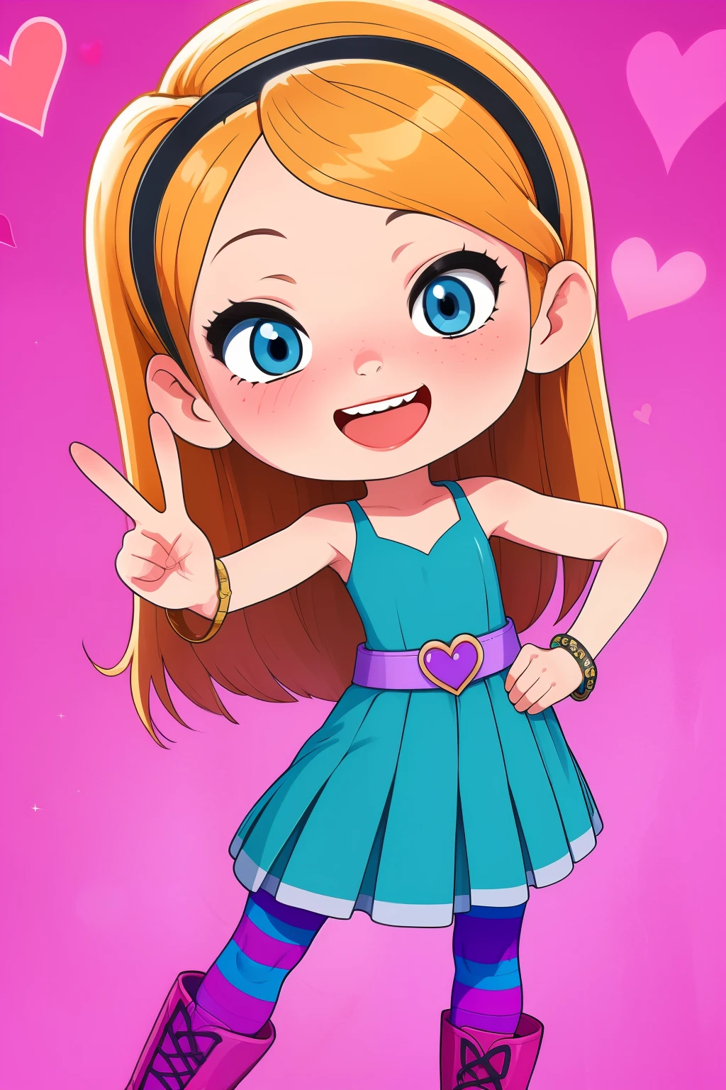 1girl, solo, penny peterson, long hair, blue eyes, 3d, blonde hair, skirt, pleated skirt, hairband, black hairband, dress, teal dress, white trimmings under her skirt, lavender belt, blue and pink striped pantyhose, pink boots, bracelet, beautiful, cute girl, open mouth, cute smile, joyful expression, excited, happy, looking at viewer, peace sign, one hand on hip, spread legs, pink background, hearts, sparkles,
(insanely detailed, beautiful detailed face, masterpiece, best quality) cinematic lighting,