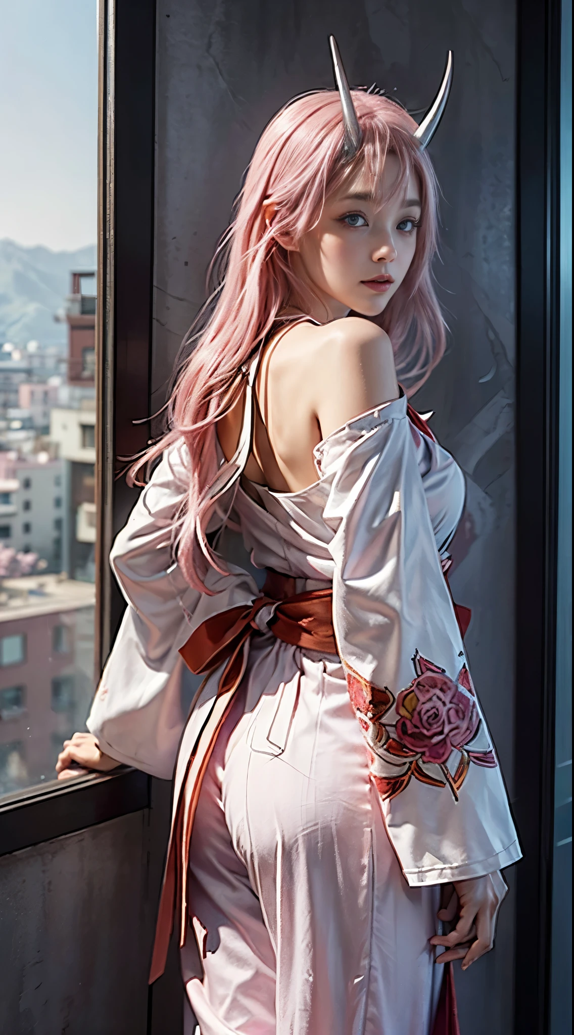Landscape of a very beautiful 1girl, 1girl_facing out the window, (((photo from behind)))!!!, (((cowboy shot)))!!!, (((front focus))), (((background Blurry))), Bokeh, lens flare, photography with Fujifilm XT3, depth of field, film grain, female focus, BREAK, Shuna/(Tensei Shittara/), anime style, (((standing beside window_top floor of apartment)))!!!, (((metropolit city outside the window)))!!!!!, ((starry night))!!, (looked back at the audience with beautiful pink iris like rose quartz)!, Ultra detailed eyes, (Beautiful light pink pupil's eye's like rose quartz:1.40)!, Stars in her fixed eyes, (homochromatic eyes)!!!, seductive smile, long sleevemouth, (thin fresh peach lips)!, (Blush)!, Perfect nose, Cute little nose, beatiful face, Face Clean, realistic Skin, hyper realistic, Perfect eyebrow appear through pink hair, pink hair bangs, (ultra shine pink hair)!!, (((long straigh pink hair)))!!!, (((symmetrical twin oni's horn over forehead)))!!!, earrings, ((dynamic composition)), BREAK, detached sleeves, ((bare shoulders_open shoulder))!!, shoulders blade, /(((wear original costume of shuna tensei shittara)))!!!, (((White kimono_red ribbon_sailor collar_Red Bowtie)))!!!, (((long wide white bell sleeves_red ribbon)))!!!, Plump breasts, (((Plump Breast Cleavage)))!!!, (((red long hakama's trouser)))!!!, slim legs, seductive, vivid color clothes, detailed realistic clothes, BREAK, Best Quality, Masterpiece, Ultra-detailed, Beautiful, hight resolution, Original, CG 8K, perfect photo, dramatic lighting, Beautiful lighting, (((((Realistic fantasy art)))))!!!!, Realistic, Full HD, Best Quality, award winning, (8k wallpaper of extremely detailed CG unit), High Details, sharp-focus, The art of dramatic and photorealistic painting, ((at top floor of apartment)), dynamic composition, breathtaking rendering, strong color, deep shadow,