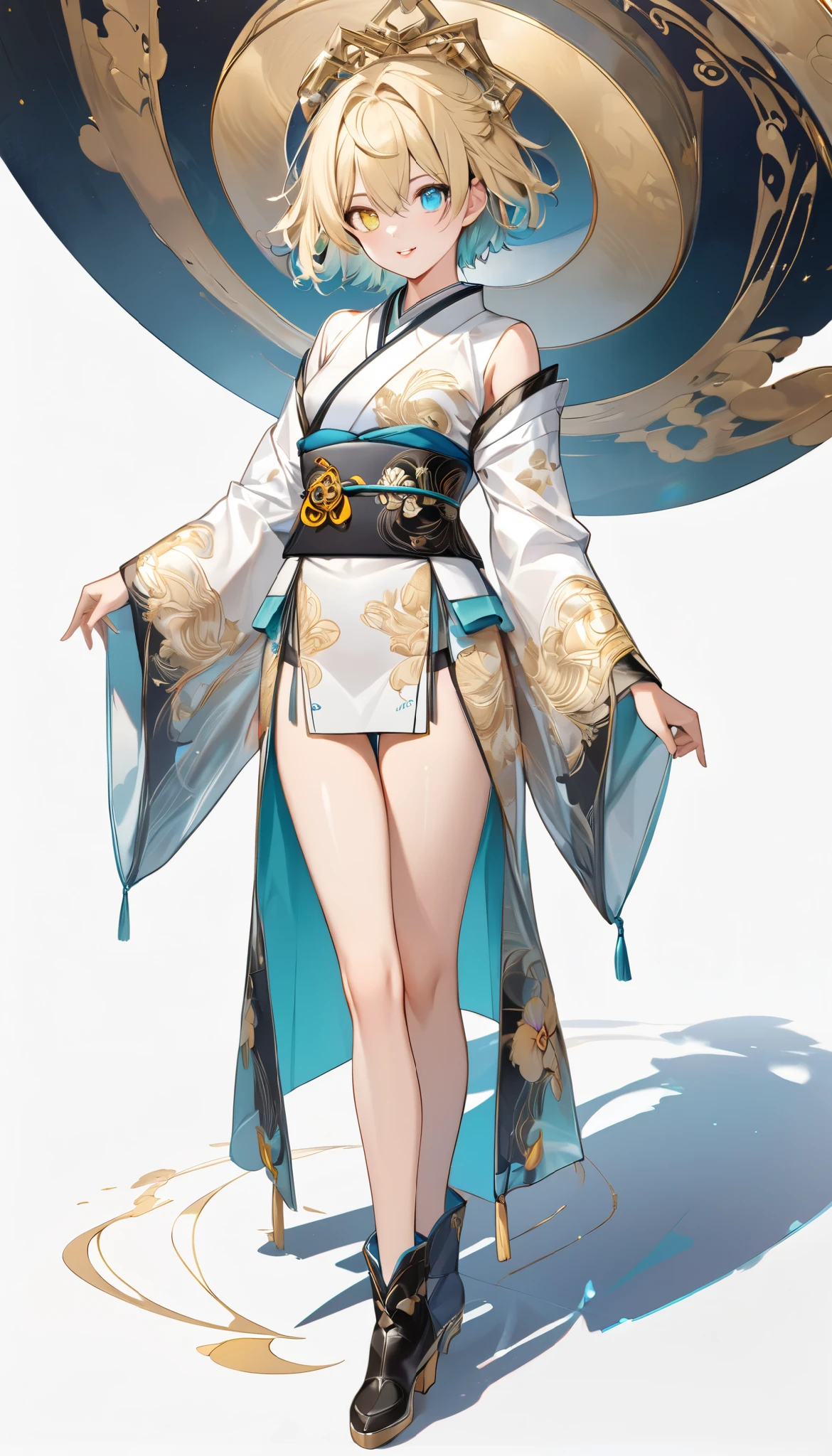 fresh illustration ,
Superfine painting,
very delicate illustration ,
Very fine details ,
1boy ,
(( standing))
Alone,
Height: 158cm,
Beige Skin,
Cheeks are ruddy,
((The iris on the left is medium aquamarine and the iris on the right is yellow ))
((Complete iris heterochromia )),
beautiful eyes,
large black pupils ,
short hair ,
Blonde,
the tips of the hair are whitish ,
The hair has gradation ,
shiny hair with makeup,
young but beautiful and bewitching face ,
The lips are extremely small,
is smiling,
a small halo that shines brightly on the head ,
the tips of the eyebrows are slightly lowered ,
the upper body is worn in kimono ,
six pack,
Slim waist,
thin legs ,
The lower body is long, transparent clothing in the style of a Chinese dress with slits on both hips,
The color of the obi is red ,,
the obi is tastefully embroidered with silver thread ,
fine fabric clothing ,
jockstrap underwear ,
the thigh strap cuts into the skin ,
Are the tips of long boots Japanese style,
Isometric,
golden ratio,
god々 like atmosphere,
wearing a padded collar innerwear ,
white background,
tactical use of shadows ,
the ring of the head and hair fit inside the frame ,
Clothes fit inside the frame ,
(( full shot))
facing the front,