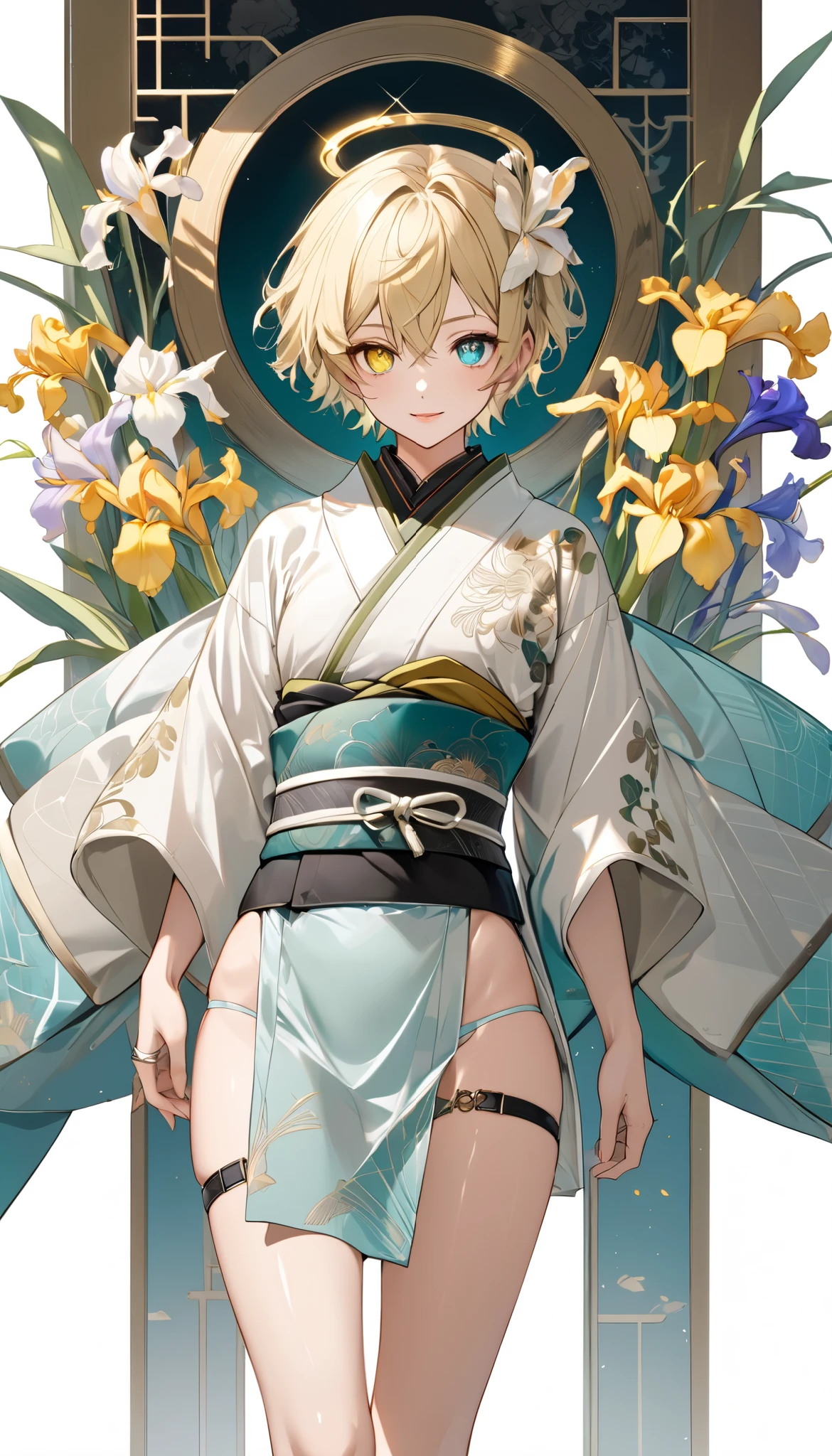 fresh illustration ,
Superfine painting,
very delicate illustration ,
Very fine details ,
1boy ,
(( standing))
Alone,
Height: 158cm,
Beige Skin,
Cheeks are ruddy,
((The iris on the left is medium aquamarine and the iris on the right is yellow ))
((Complete iris heterochromia )),
beautiful eyes,
large black pupils ,
short hair ,
Blonde,
the tips of the hair are whitish ,
The hair has gradation ,
shiny hair with makeup,
young but beautiful and bewitching face ,
The lips are extremely small,
is smiling,
a small halo that shines brightly on the head ,
the tips of the eyebrows are slightly lowered ,
the upper body is worn in kimono ,
six pack,
Slim waist,
thin legs ,
The lower body is long, transparent clothing in the style of a Chinese dress with slits on both hips,
The color of the obi is red ,,
the obi is tastefully embroidered with silver thread ,
fine fabric clothing ,
jockstrap underwear ,
the thigh strap cuts into the skin ,
Are the tips of long boots Japanese style,
Isometric,
golden ratio,
god々 like atmosphere,
wearing a padded collar innerwear ,
white background,
tactical use of shadows ,
the ring of the head and hair fit inside the frame ,
Clothes fit inside the frame ,
(( full shot))
facing the front,