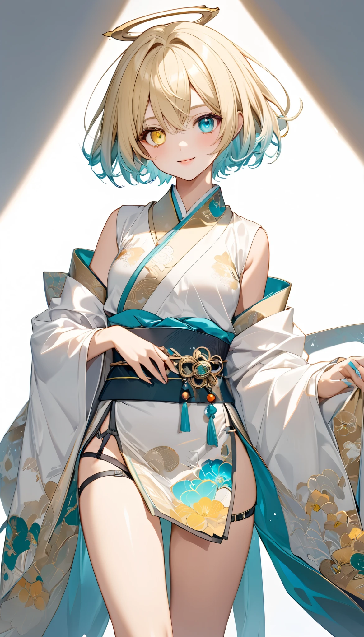 fresh illustration ,
Superfine painting,
very delicate illustration ,
Very fine details ,
1boy ,
(( standing))
Alone,
Height: 158cm,
Beige Skin,
Cheeks are ruddy,
((The iris on the left is medium aquamarine and the iris on the right is yellow ))
((Complete iris heterochromia )),
beautiful eyes,
large black pupils ,
short hair ,
Blonde,
the tips of the hair are whitish ,
The hair has gradation ,
shiny hair with makeup,
young but beautiful and bewitching face ,
The lips are extremely small,
is smiling,
a small halo that shines brightly on the head ,
the tips of the eyebrows are slightly lowered ,
the upper body is worn in kimono ,
six pack,
Slim waist,
thin legs ,
The lower body is long, transparent clothing in the style of a Chinese dress with slits on both hips,
The color of the obi is red ,,
the obi is tastefully embroidered with silver thread ,
fine fabric clothing ,
jockstrap underwear ,
the thigh strap cuts into the skin ,
Are the tips of long boots Japanese style,
Isometric,
golden ratio,
god々 like atmosphere,
wearing a padded collar innerwear ,
white background,
tactical use of shadows ,
the ring of the head and hair fit inside the frame ,
Clothes fit inside the frame ,
(( full shot))
facing the front,