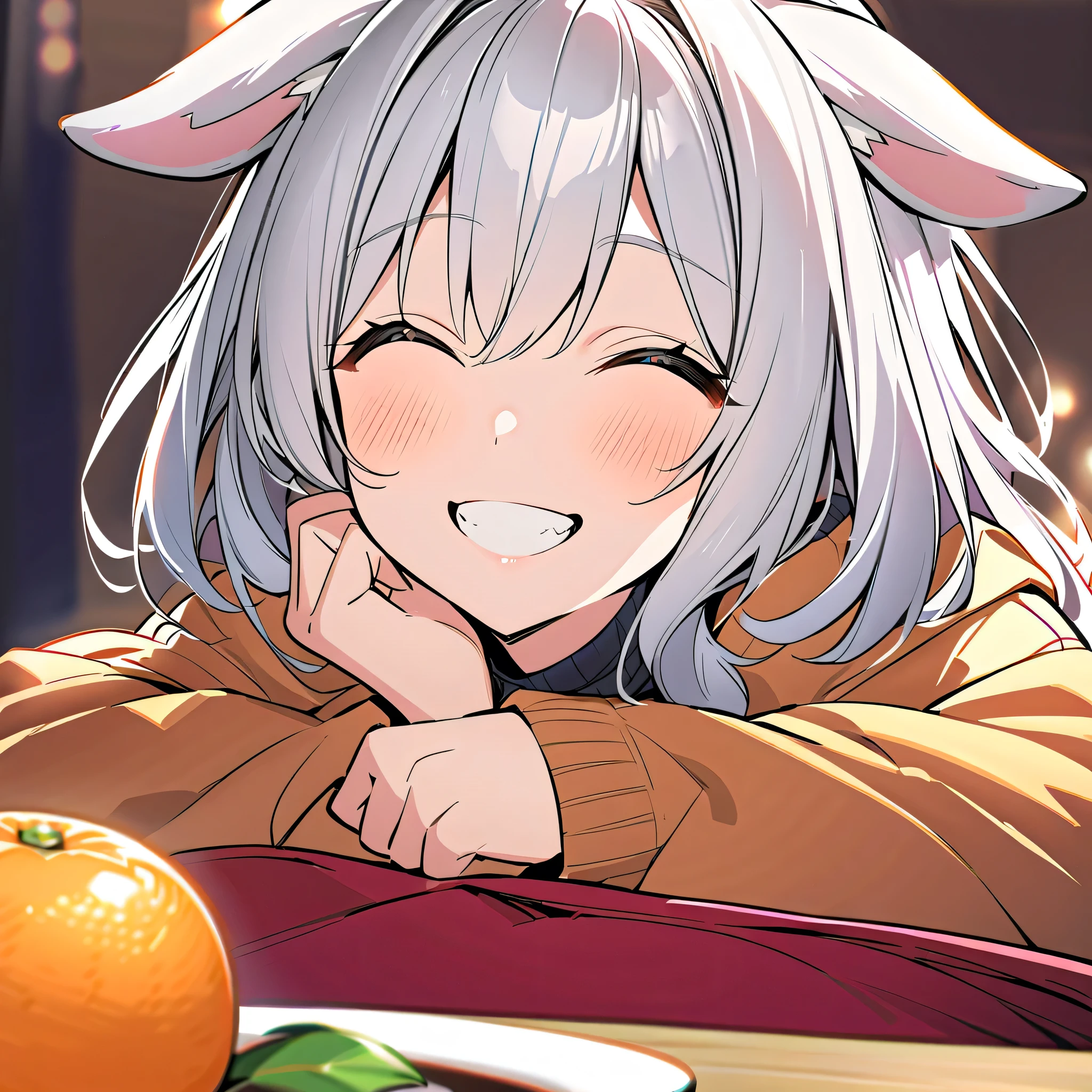 winter,smile, girl with dog ears, Silver Hair, White Ear, Get into the kotatsu , sweater ,Mandarin oranges on kotatsu, With a happy face