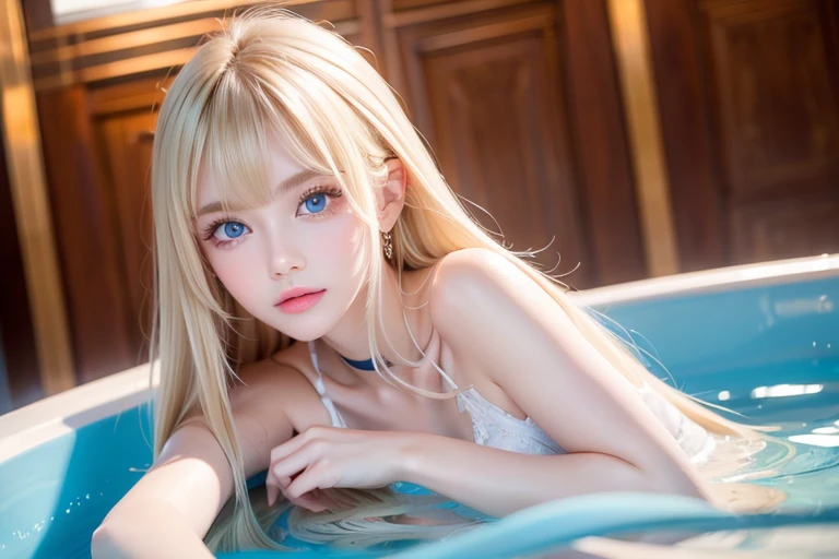 The most beautiful light blonde hair in the world、Bright expression、Beautiful Bangs、Super long straight hair、Beautiful, clear, bright light blue eyes、Sheer white and wet nightgown、European youth、Perfect body、The ultimate beauty、Perfect beauty、The cutest face in the world、The most beautiful 17 year old in the world、White and glowing skin、Perfect beautiful face、Bright makeup、Pale pink lips、One Girl、Unbuttoned shirt、lipstick、Deceptive advertising、{vapor}、Viewer's vision、Golden Hour Lighting、Comic Strip、Bokeh Atmosphere Perspective、Detailed Video Lite、Intricate details、High resolution、 Detailed features of the face design、Advanced Details、Clear focus、Smoothness、aesthetics、Advanced Details、Printed、Octane、{{masterpiece}}