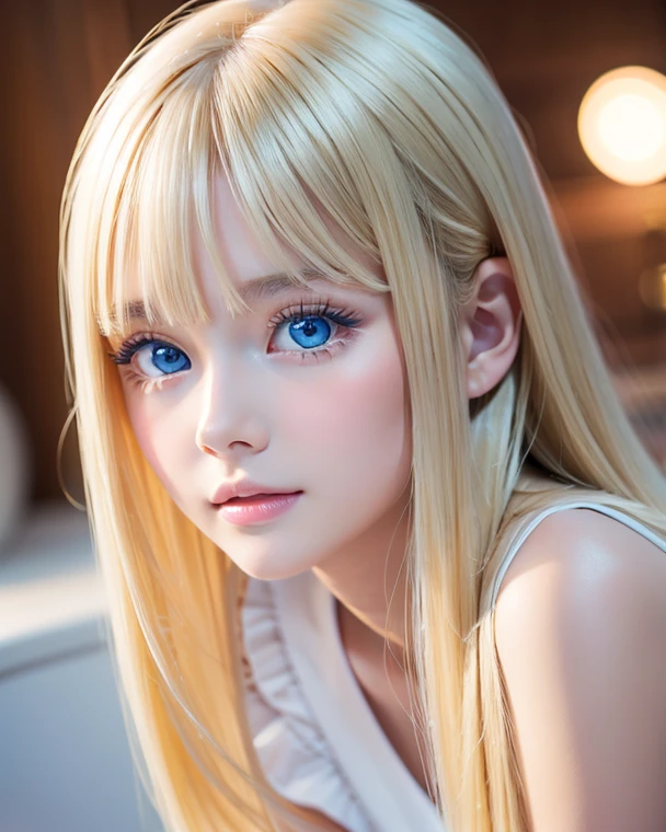 (dynamic close up, 1girl, (blue sparkling eyes|blonde hair:1.3+dark hair:1.2), Shein dress), high resolution, portrait mode, simple background, very large eyes:0.8