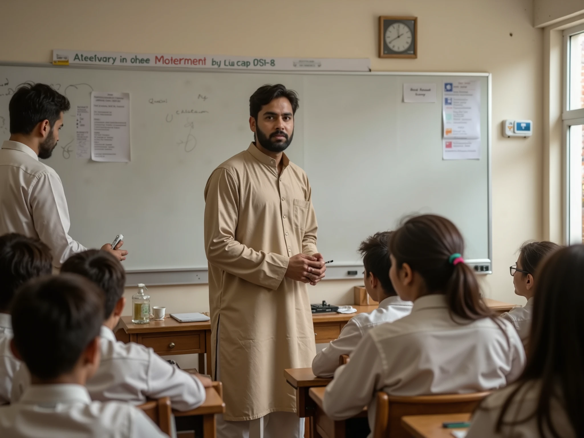 A high-resolution, photorealistic depiction of a traditional Pakistani classroom. The teacher, dressed in a formal beige shalwar kameez, stands at the whiteboard holding a marker, making direct and intense eye contact with the 'unseen individual' (POV), as if inviting the student to come to the board. The teacher's posture is attentive and slightly commanding. The classroom includes students in neat uniforms sitting attentively at their desks, some glancing toward the POV with mild curiosity. The background features educational posters, a wooden teacher’s desk, and a clean whiteboard, creating an authentic academic atmosphere. The image should reflect the tension and focus of the moment, emphasizing realism and cultural details. (best quality, 4k, 8k, highres, photorealistic:1.4, masterpiece:1.2).