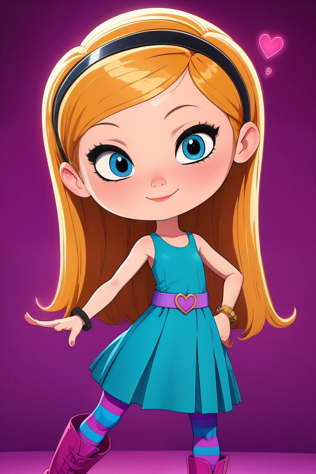 1girl, full body, solo, penny peterson, long hair, blue eyes, 3d, glowing blonde hair, skirt, pleated skirt, hairband, black hairband, dress, teal dress, white trimmings under her skirt, heart shaped lavender belt, blue and pink striped pantyhose, pink boots and bracelet, beautiful, cute girl, closed mouth, cute smile, standing, spread legs, (insanely detailed, beautiful detailed face, masterpiece, best quality) neon lights,, dark background with glowing neon blue and pink lighting,
