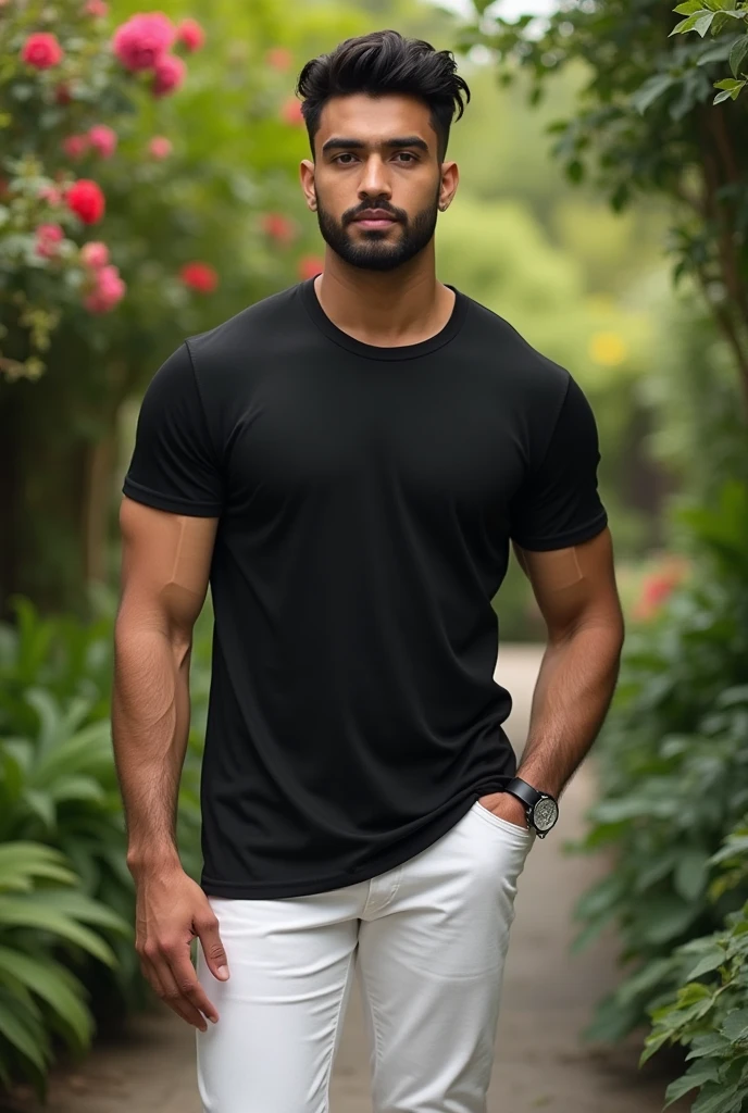 A handsome Indian young with clear face shape like triangle with black tight fit shirt and black pent seeting in a rock one leg is on over other leg one hend over a thy in thote possession