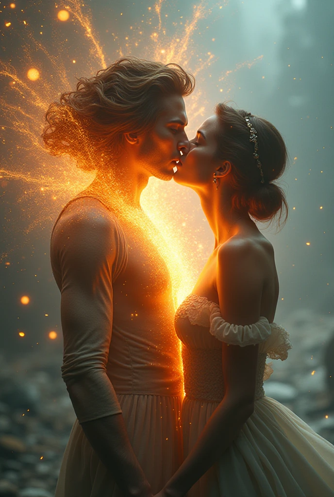 masterpiece，best quality，Extremely detailed，high resolution，1 romantic couple，flame，Dynamic Scene Scale 1.3，Romantic couple kissing in the fire，Firestorm，on fire，Bizarre fantasy image，Excellent skin texture，Magic Circle，Casting a Spell，strange，紫色strength，strength，fiery，meteor。