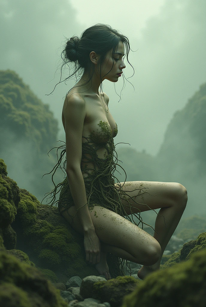 Masterpiece, (Kristen Stewart as Hermione Granger), black hair, wearing black shirt, show her beasts, Flat chest, ultra detailed, ultra realistic, nude, full body shot, slim body, nude, narrow hips, small girl, very detailed face, nude, sitting open legs spread, showing her pussy, pussy shot, hands behind the back, in misty forest on background, and Wolf pack, (cinematic lighting, bokeh), dramatic, award-winning photography, incredible masterpiece, 16K, ultra high res.photorealistic, UHD, RAW, DSLR, naked